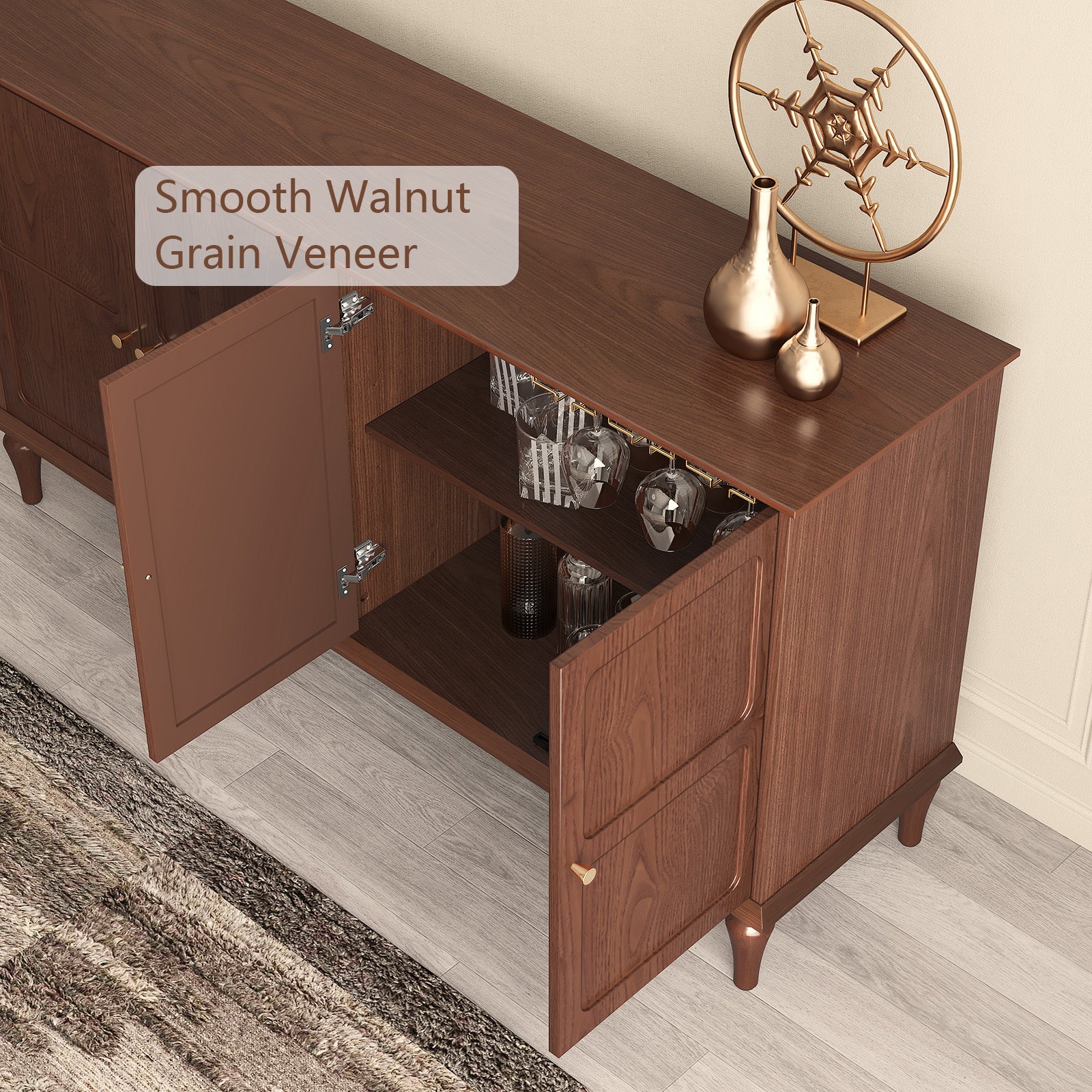 HLR Mid Century 58" Wood 4 Door Sideboard Buffet Cabinet with Storage for Living Dining (Brown)