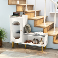 CBJCBJ Modern Storage Bench with Glass Door & Shelf - L-Shaped Entryway Cabinet, Padded Seat for Hallway/Bedroom/Office, White