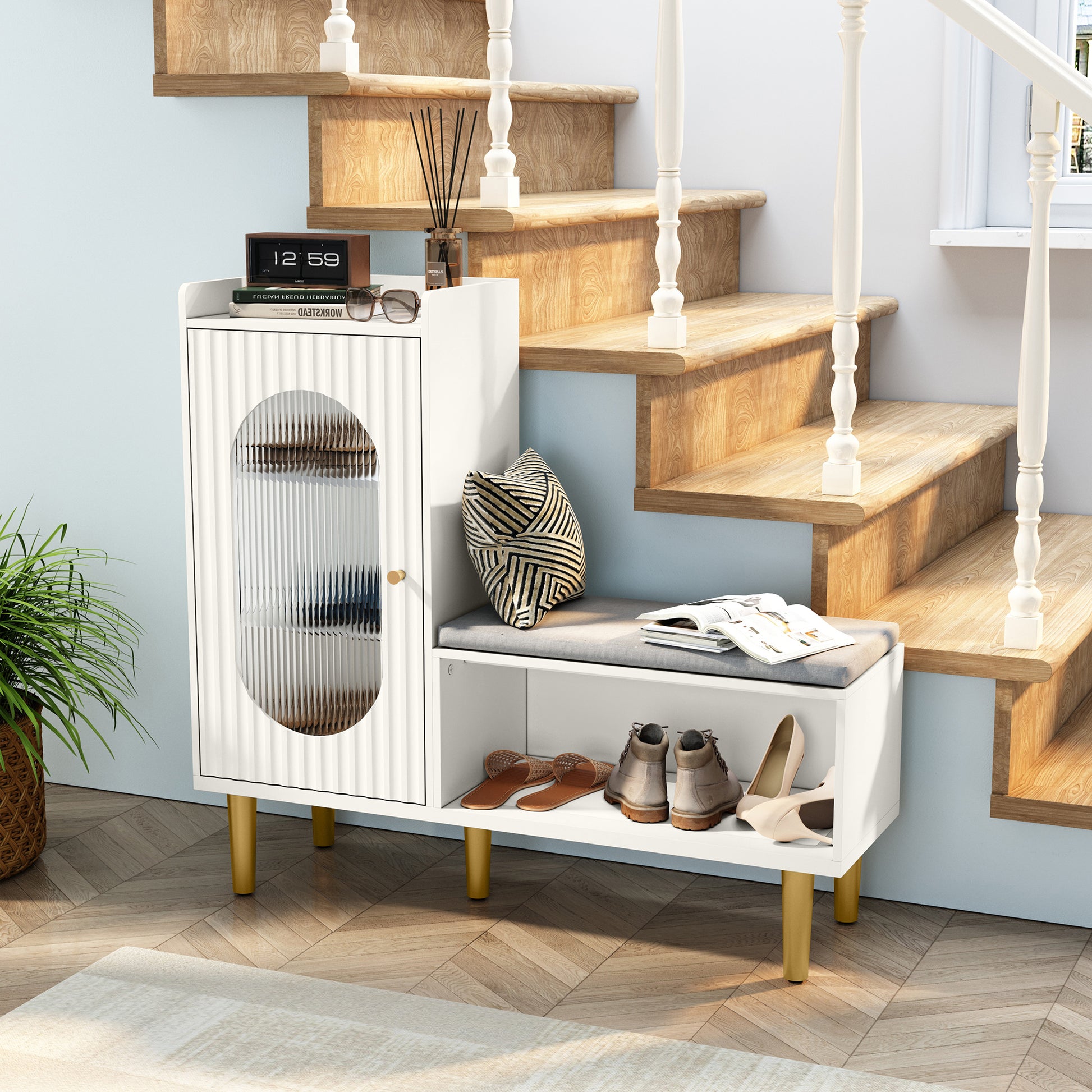 CBJCBJ Modern Storage Bench with Glass Door & Shelf - L-Shaped Entryway Cabinet, Padded Seat for Hallway/Bedroom/Office, White