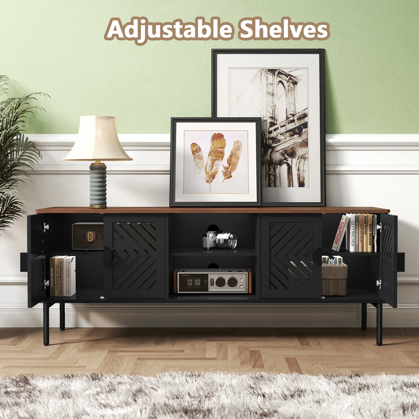 HLR Mid Century Modern 63" TV Stand for 75 inch TV with Storage, Entertainment Center for Living Room, Black