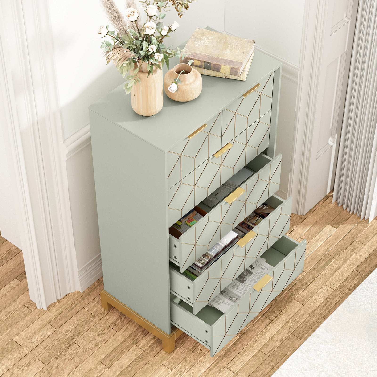 CBJCBJ 45"H Wood Gold Lines Green Dressers Chest of Drawers with 6 Drawers for Bedroom, Entryway