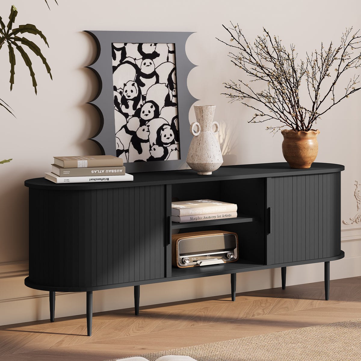 HLR 55" Black TV Stand for 65" TV, Wood Entertainment Center with 2 Sliding Tambour Doors Storage, Mid-Century