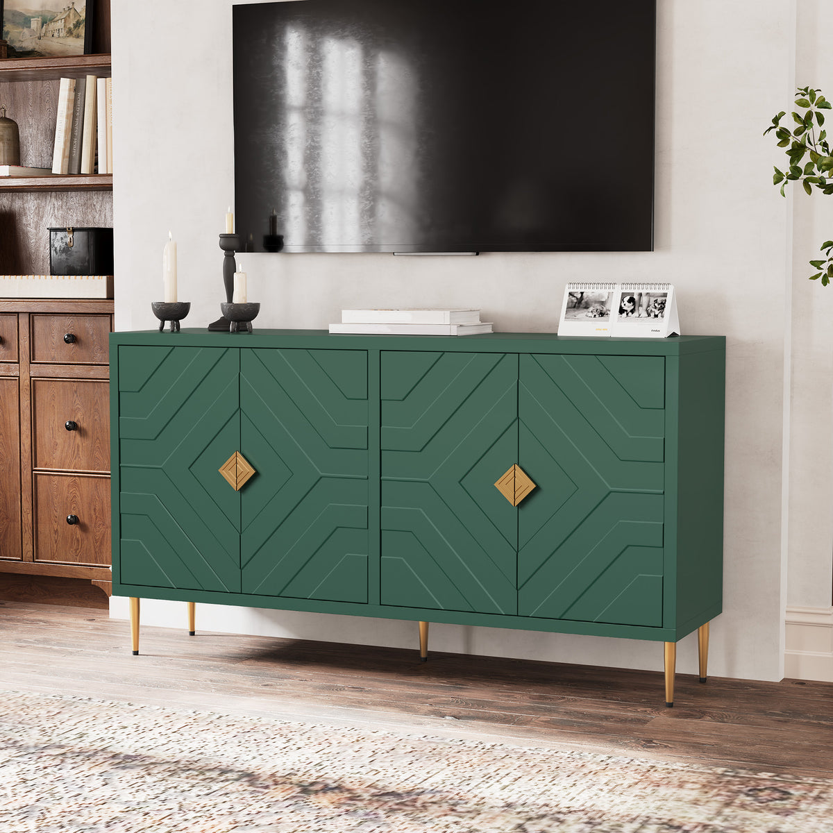 HLR 58" Modern Accent Sideboard Cabinet, 4 Doors, Adjustable Shelves, Fluted Storage Cabinet, Green