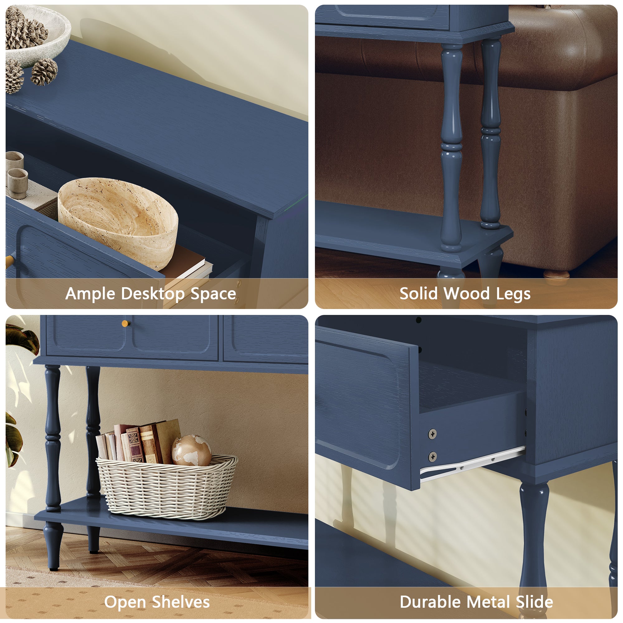 HLR 47" Mid Century Console Table, Aged Finish Entryway Table with Storage Shelf for Hallway, Blue