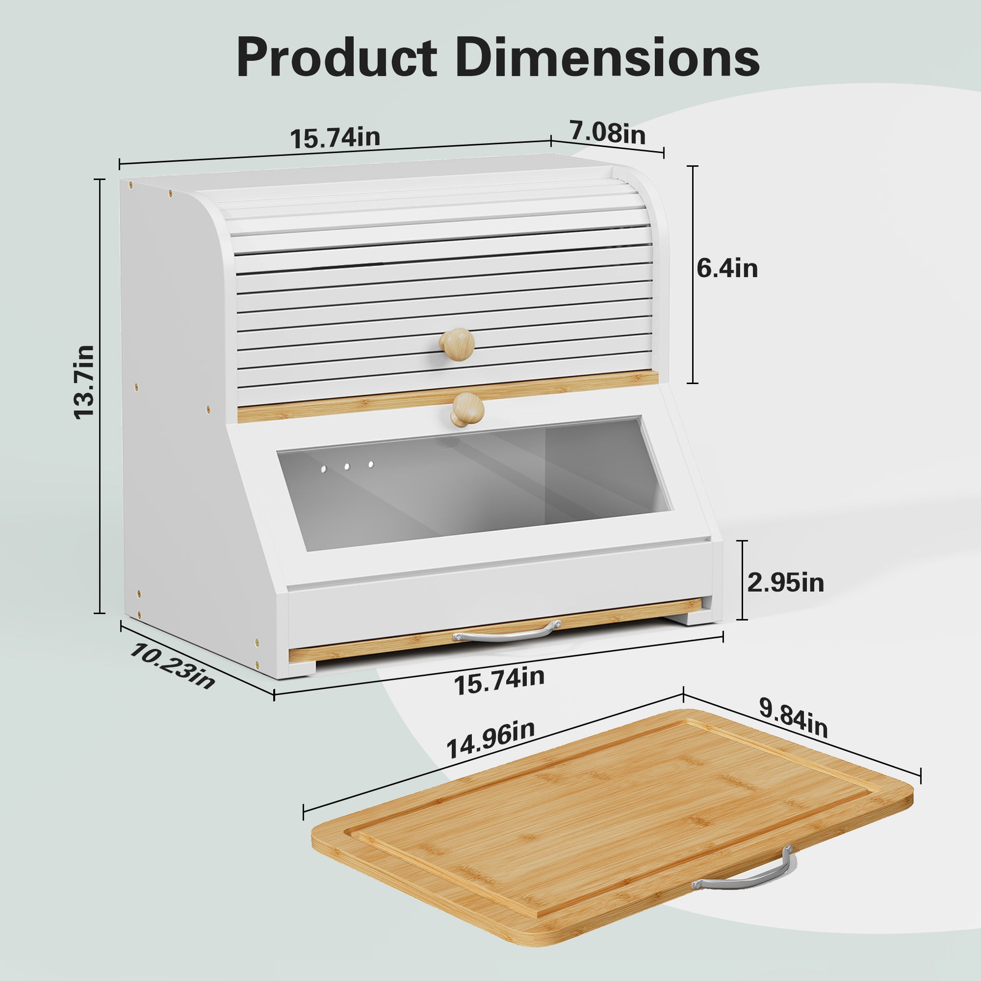 CBJCBJ Natural Bamboo Bread Box with Cutting Board and Roll Top, 2-Tier Large Wood Bread Bin for Kitchen,White