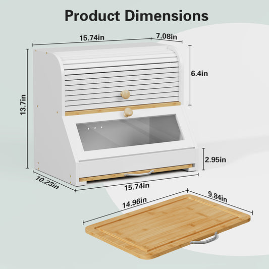 CBJCBJ Natural Bamboo Bread Box with Cutting Board and Roll Top, 2-Tier Large Wood Bread Bin for Kitchen,White
