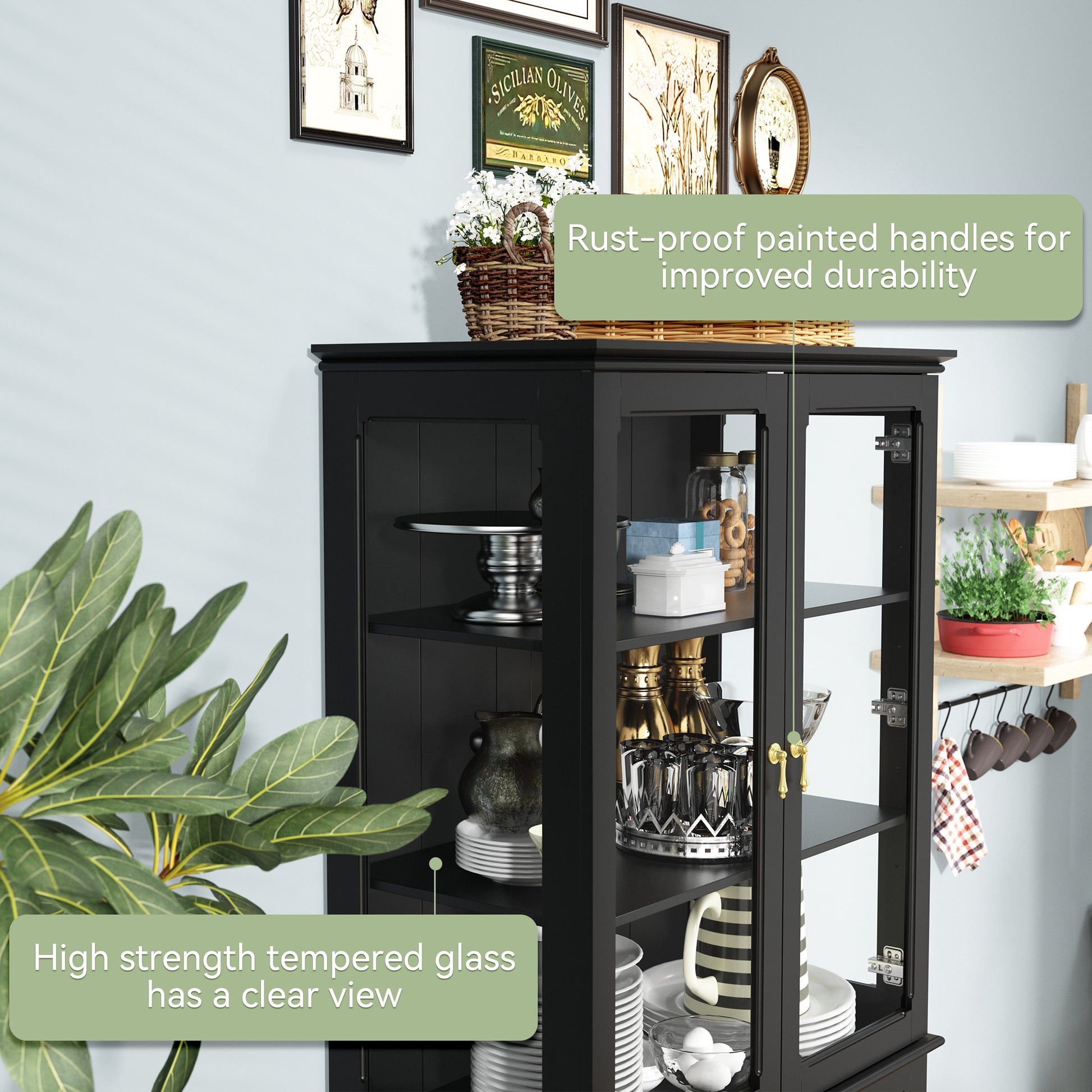HLR 72" Modern Black Cupboard with Adjustable Shelves, Elegant Storage Cabinet