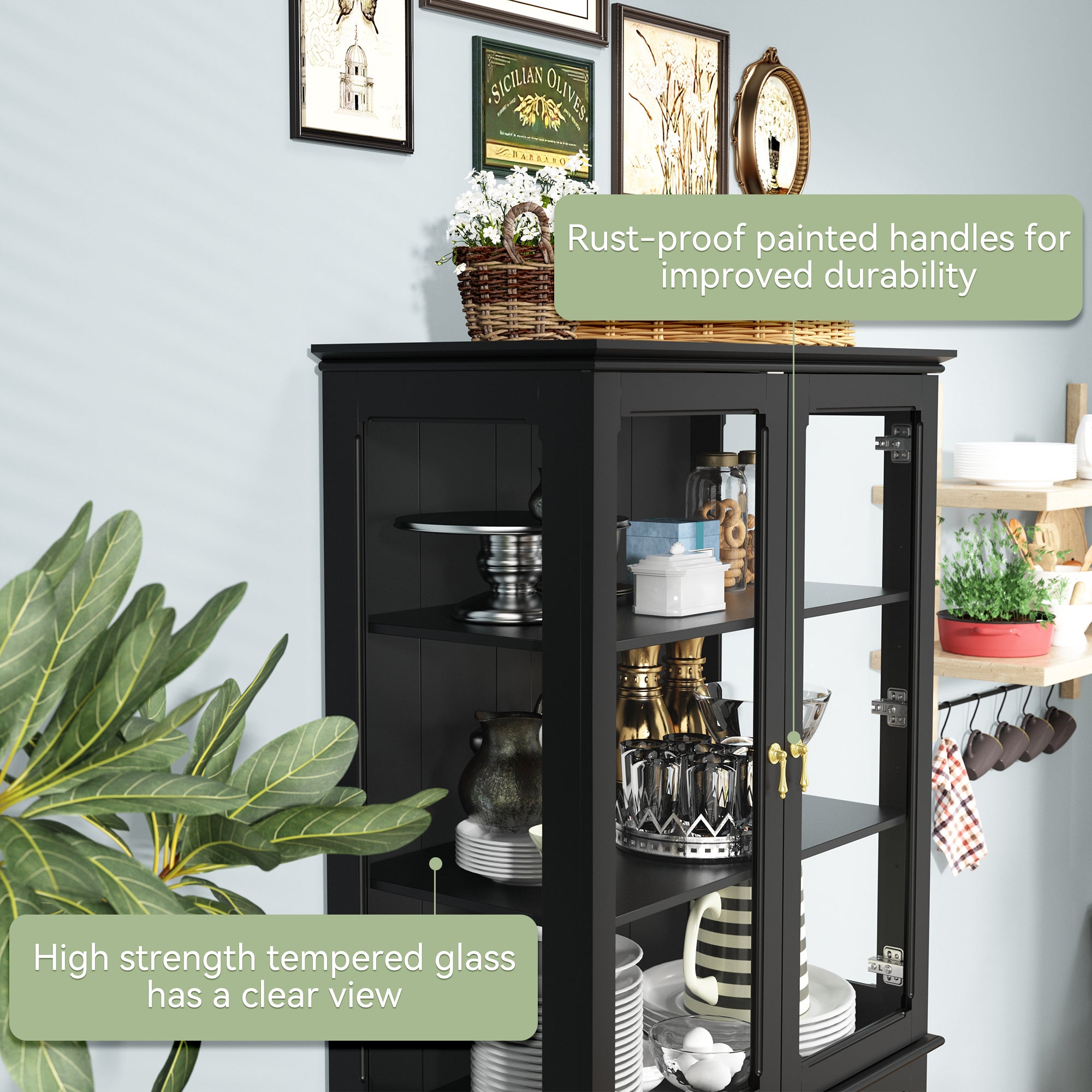 HLR 72" Modern Black Cupboard with Adjustable Shelves, Elegant Storage Cabinet
