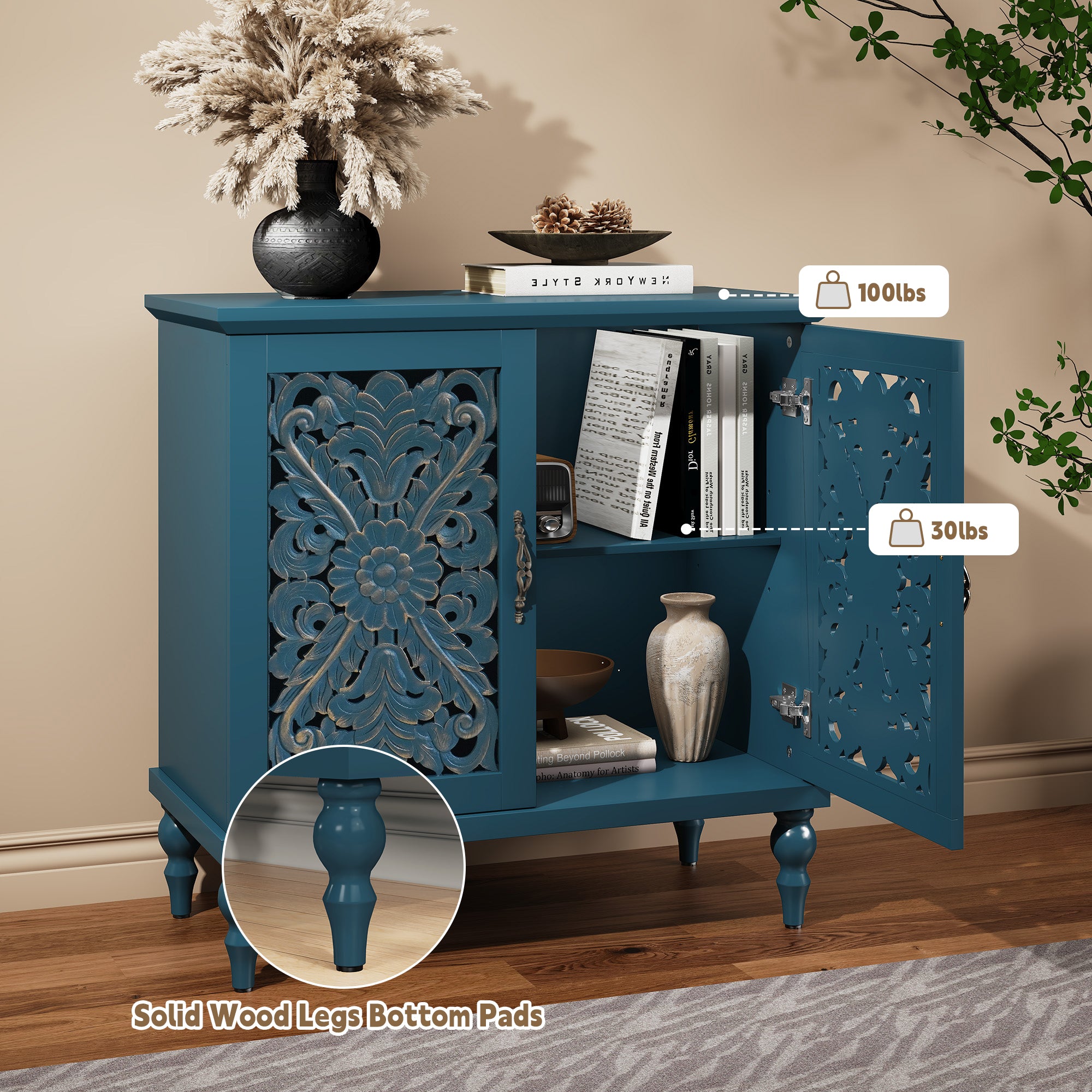 HLR 31.5"W Mid Century Vintage Sideboards Buffets Cabinet with 2 Doors Storage for Kitchen Dining, Blue