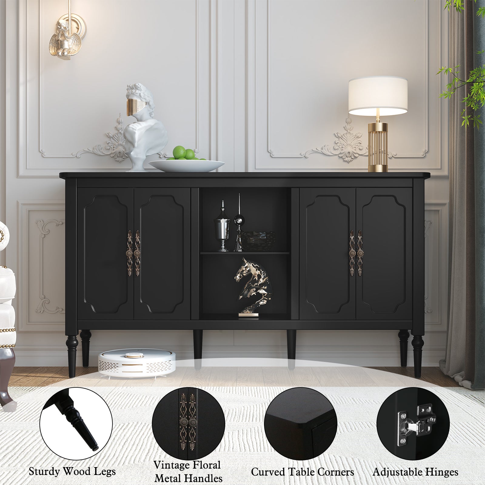 CBJCBJ 59" Mid-Century Storage Cabinet with Adjustable Shelves, Double-Layer Open Design for Living Room & Bedroom, Black
