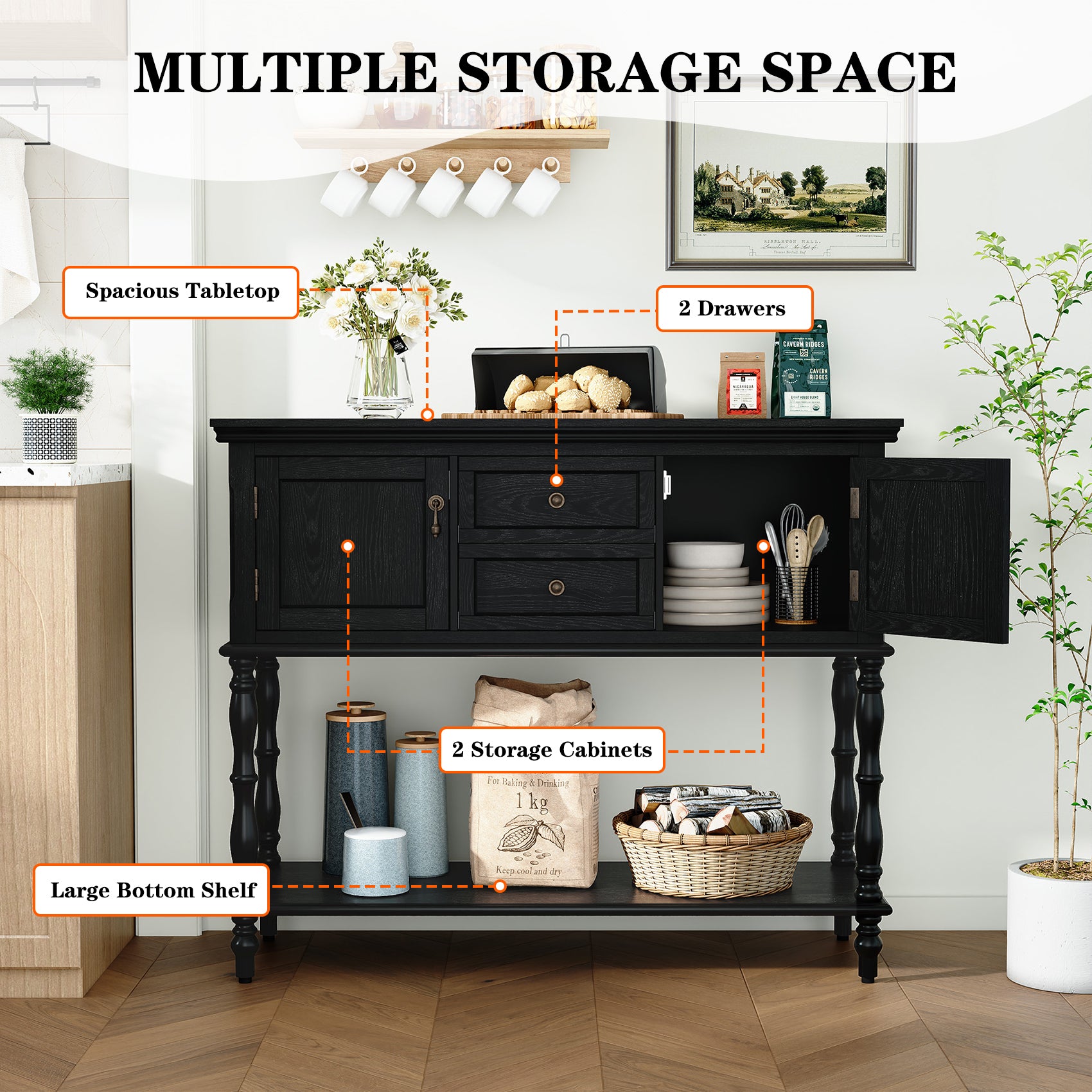 CBJCBJ 42" Farmhouse Console Table , 2 Drawer Narrow Long Entryway Table with Open Storage Shelf , for Living Room, Black