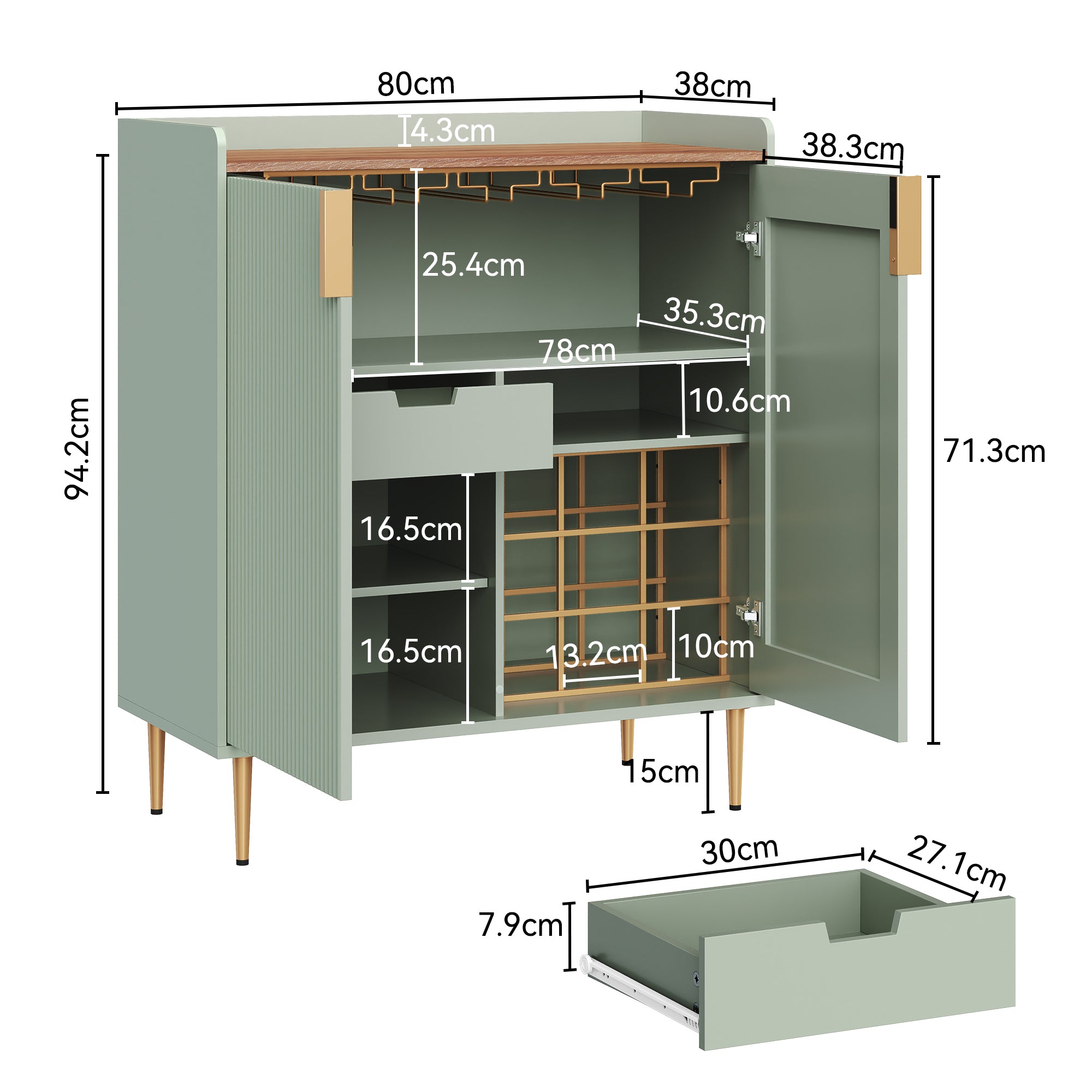 CBJCBJ Modern Wine Cabinet, Home Bar Cabinet with Storage Drawers and Wine Rack, Kitchen Sideboard,Sage Green