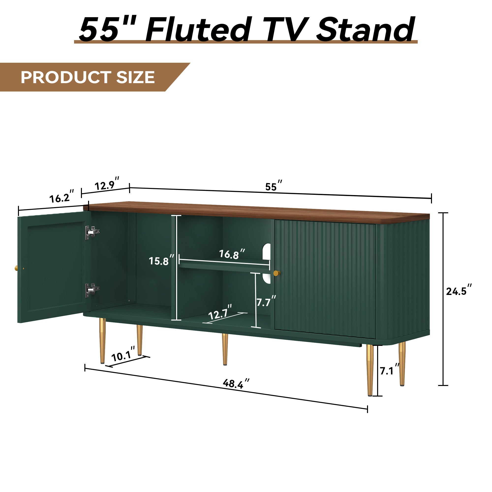 HLR Modern Fluted 55" TV Stand for 65 Inch TV with Storage, Entertainment Center for Living Room, Green