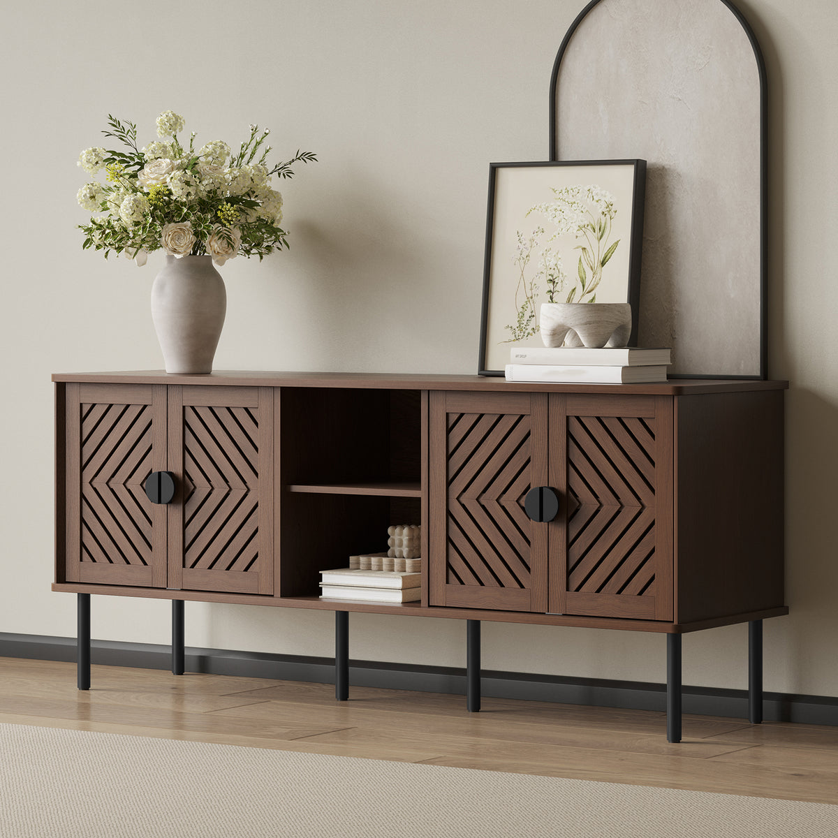 CBJCBJ Modern Mid Century 55" TV Stand for 65" TV, Entertainment Center with Storage and Openwork Cabinet Doors, Walnut
