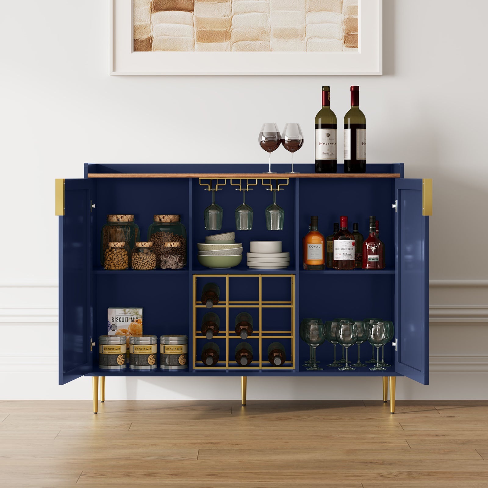 CBJCBJ 47" Modern Storage Wine Bar Cabinet with Cup Holder and Wine Rack for Dining,Blue