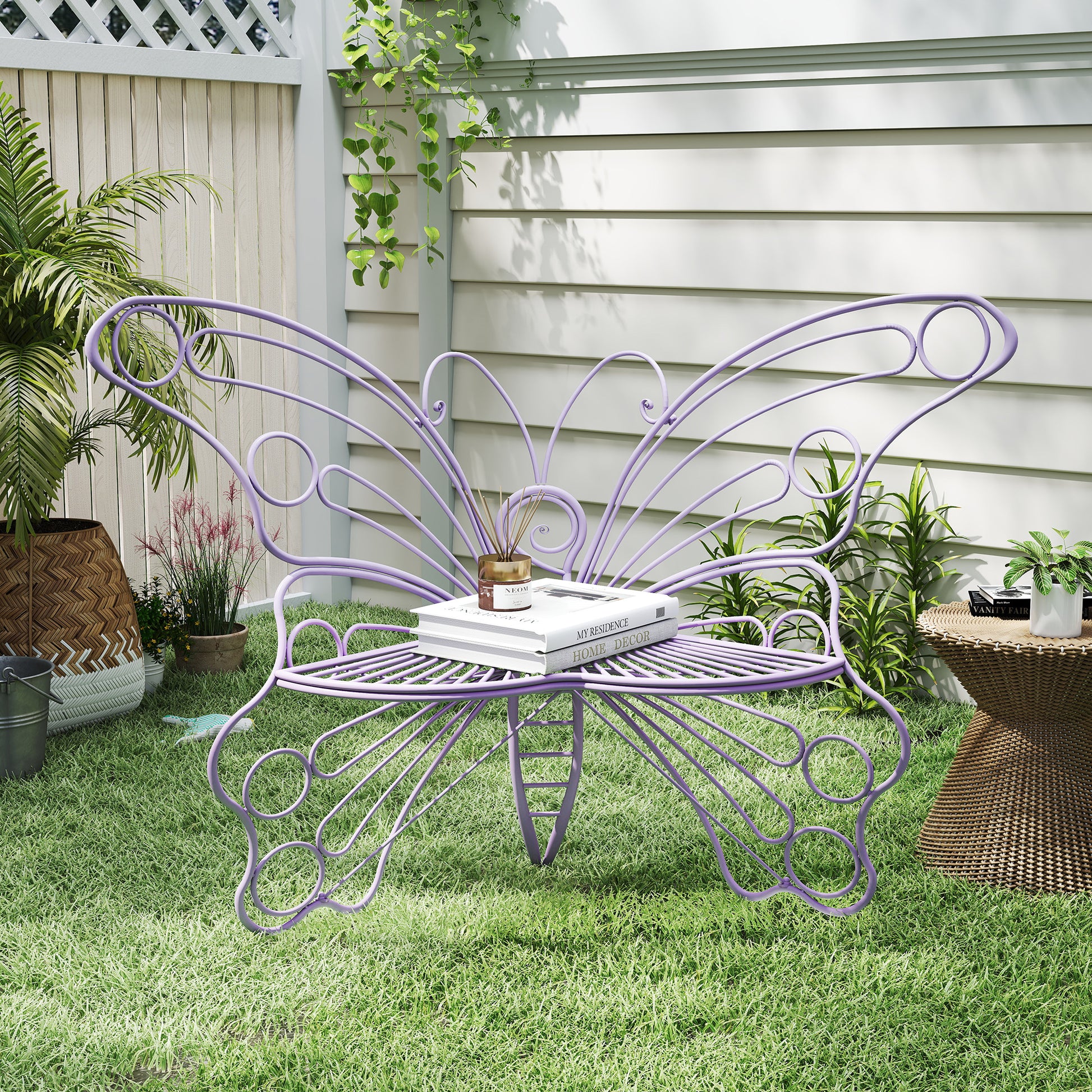 CBJCBJ 50" Weatherproof Outdoor Patio Bench，Metal Butterfly Design for Garden and Lawn Porch， Purple
