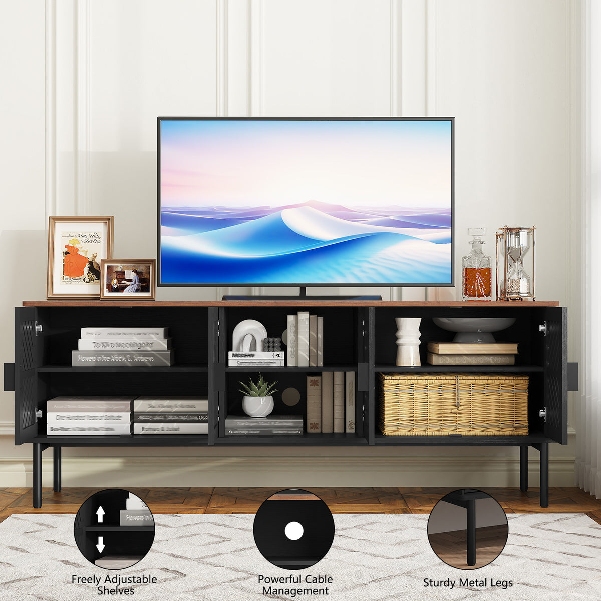 CBJCBJ Modern Mid Century 63" TV Stand for 70" TV with Storage, Entertainment Center for Living Room,Black