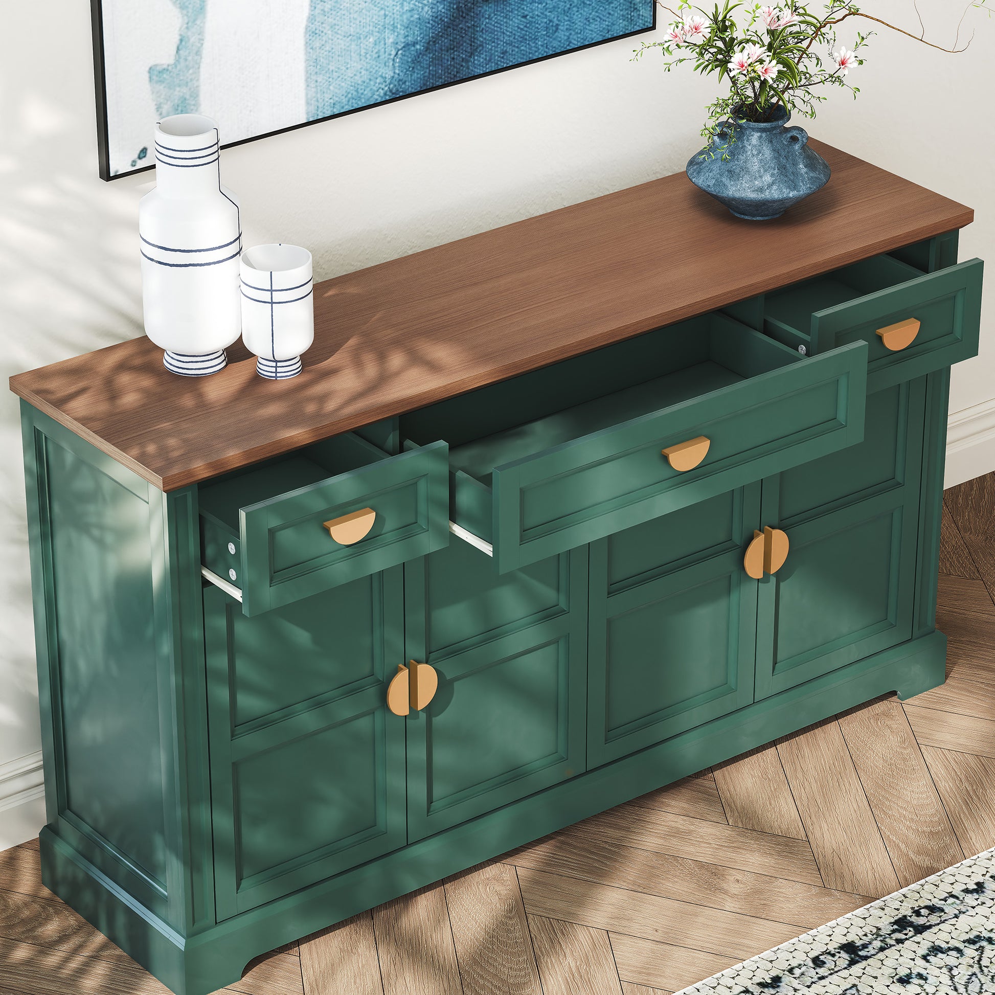 CBJCBJ Modern 60" Large Sideboard Storage Cabinet with Drawers, Farmhouse Wooden Coffee Bar, Green