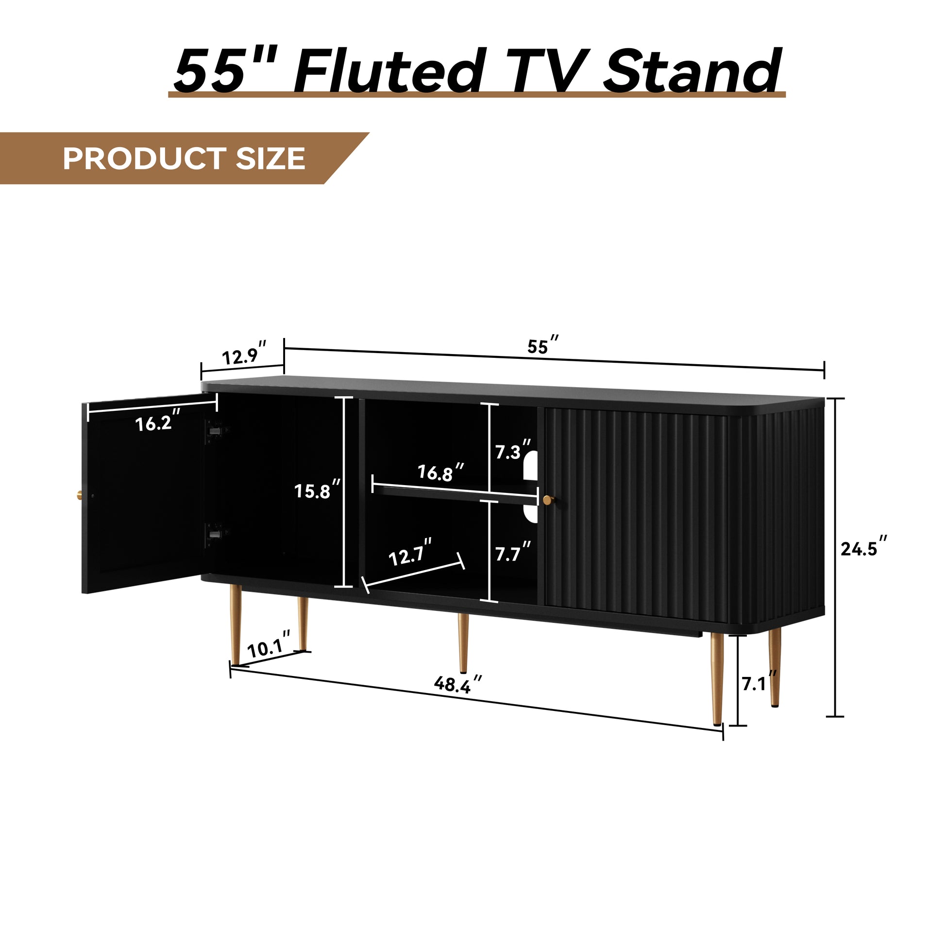 HLR Modern Fluted 55" TV Stand for 65 Inch TV with Storage, Entertainment Center for Living Room, Black