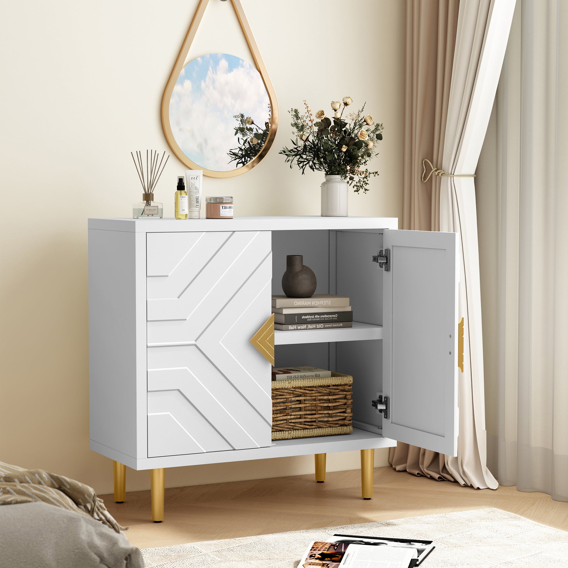 CBJCBJ 31.7" Modern Accent Sideboard Buffet Cabinet with 2 Doors & Shelves, Credenza for Living Room Storage, White