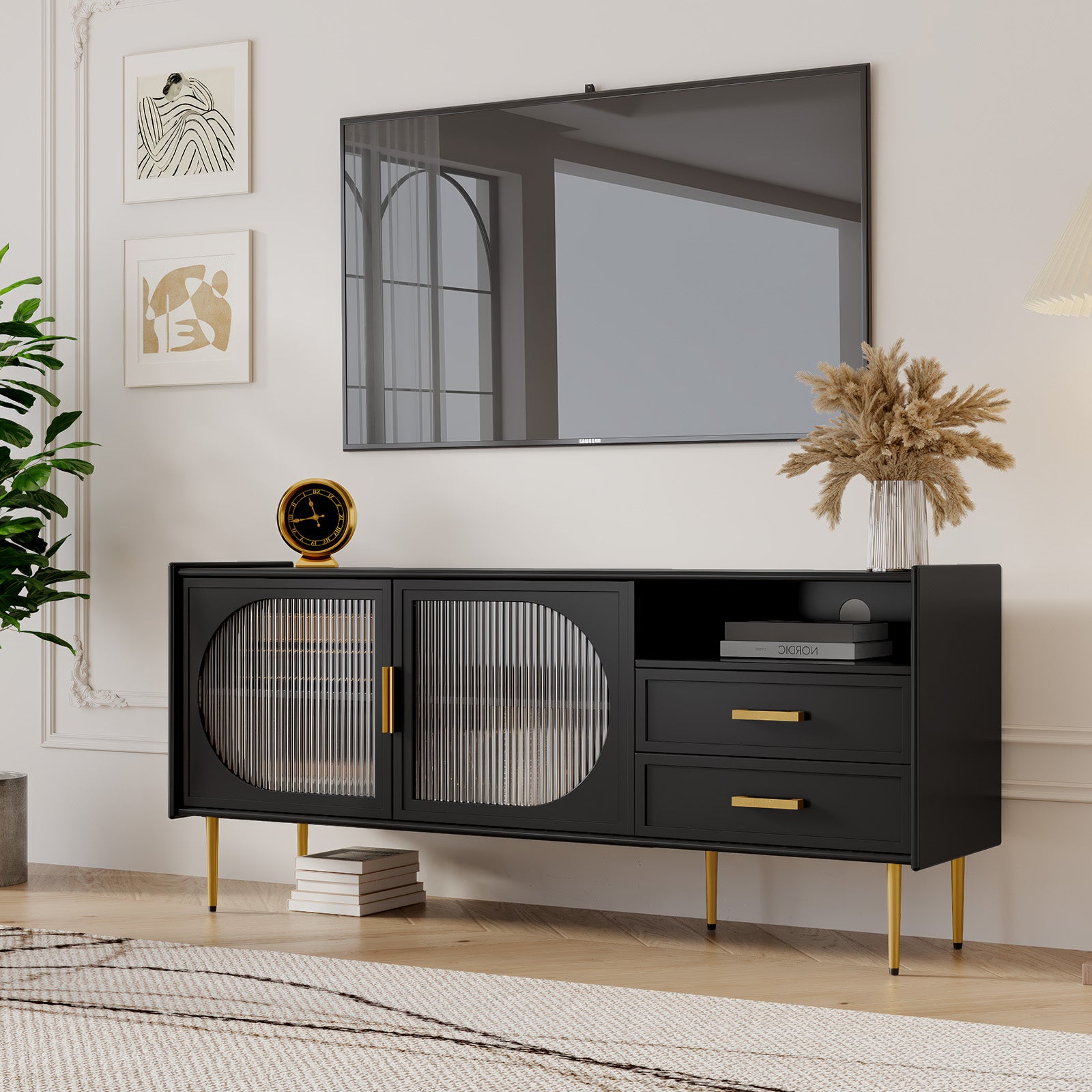 CBJCBJ 60.1" Modern Glass Door TV Stand with 2 Drawers & Adjustable Shelf | Entertainment Center for TVs up to 70 Inch | 4-Compartment Media Console Storage(BLACK)