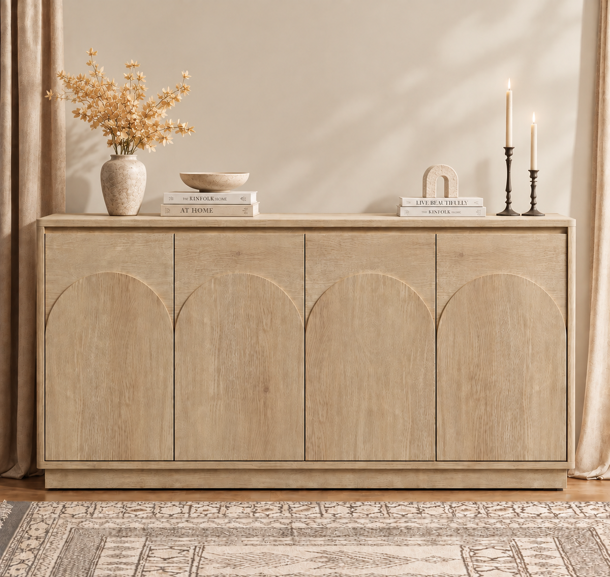 HLR 63'' Sideboard Buffet Cabinet, Mid-Century Wood Accent Cabinet with 4 Doors Storage for Living, Brown