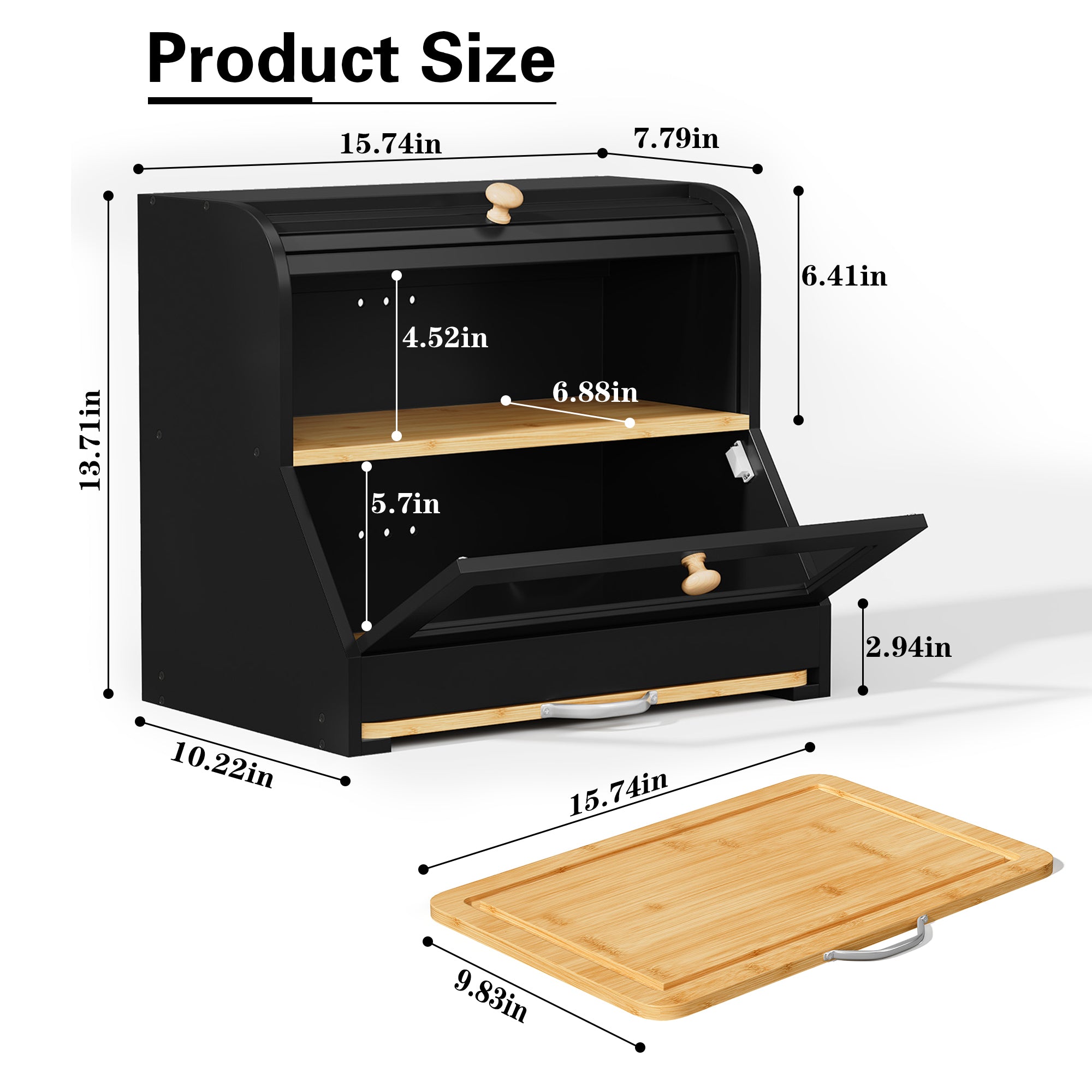 HLR Natural Bamboo Bread Box Kitchen Countertop with Cutting Board and Roll Top, Black 2-Tier Large Wood Bread Bin