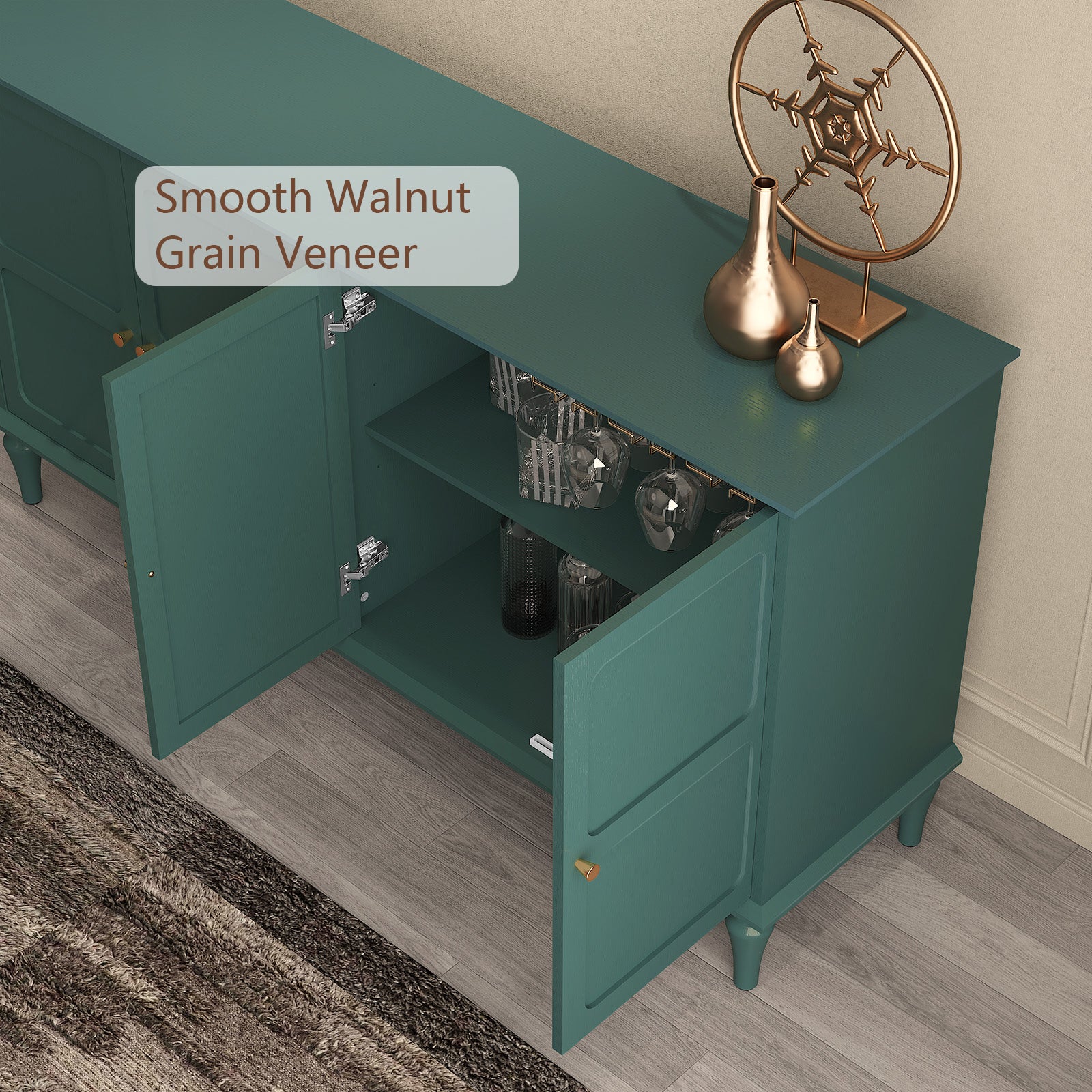CBJCBJ Mid-Century 58" 4-Door Wood Sideboard Buffet Cabinet with Adjustable partition ，for Dining Room，Green