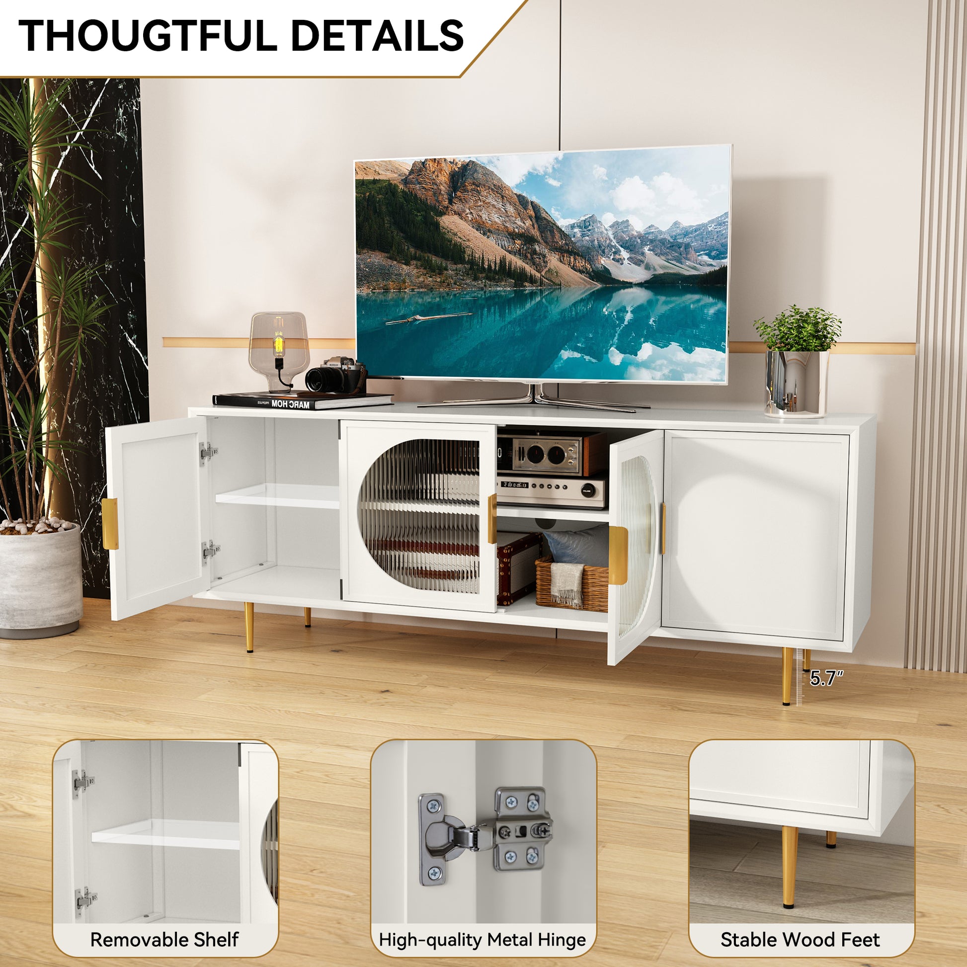 CBJCBJ 66" TV up to 75" Stand for Living Room, Entertainment Center with Glass Storage Cabinet,White