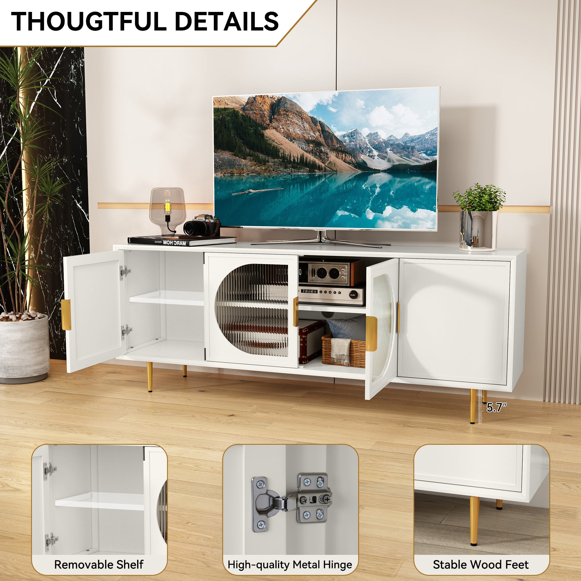 CBJCBJ 66" TV up to 75" Stand for Living Room, Entertainment Center with Glass Storage Cabinet,White