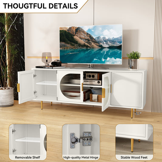 CBJCBJ 66" TV up to 75" Stand for Living Room, Entertainment Center with Glass Storage Cabinet,White