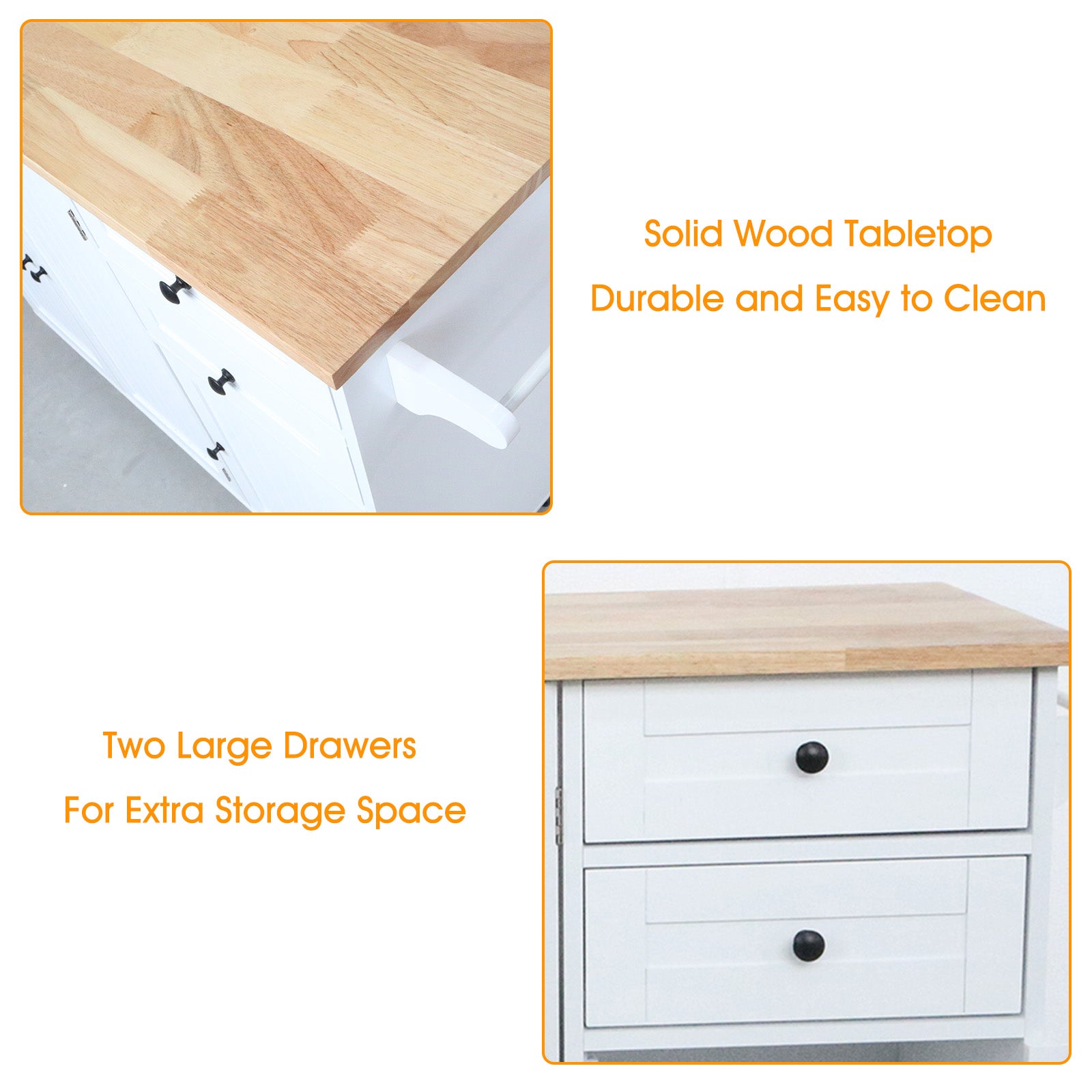 HLR 50.39" Kitchen Island with Storage, Wood Top Cart with Drop Leaf and Wheels, White
