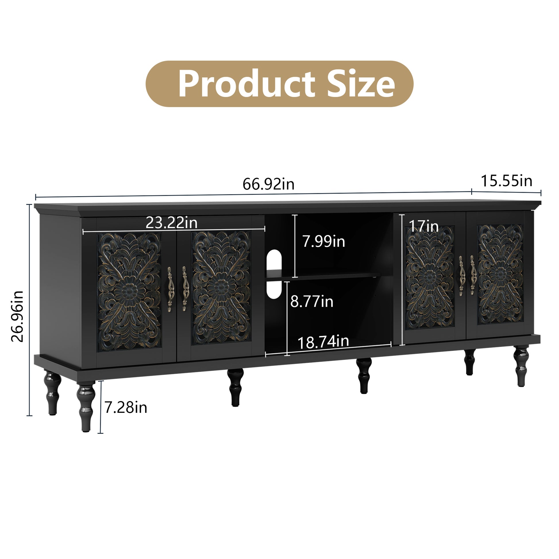 CBJCBJ Retro 67" TV Stand for TVs up to 75", Living Room Entertainment Center with 4 Door Storage Cabinet,Black