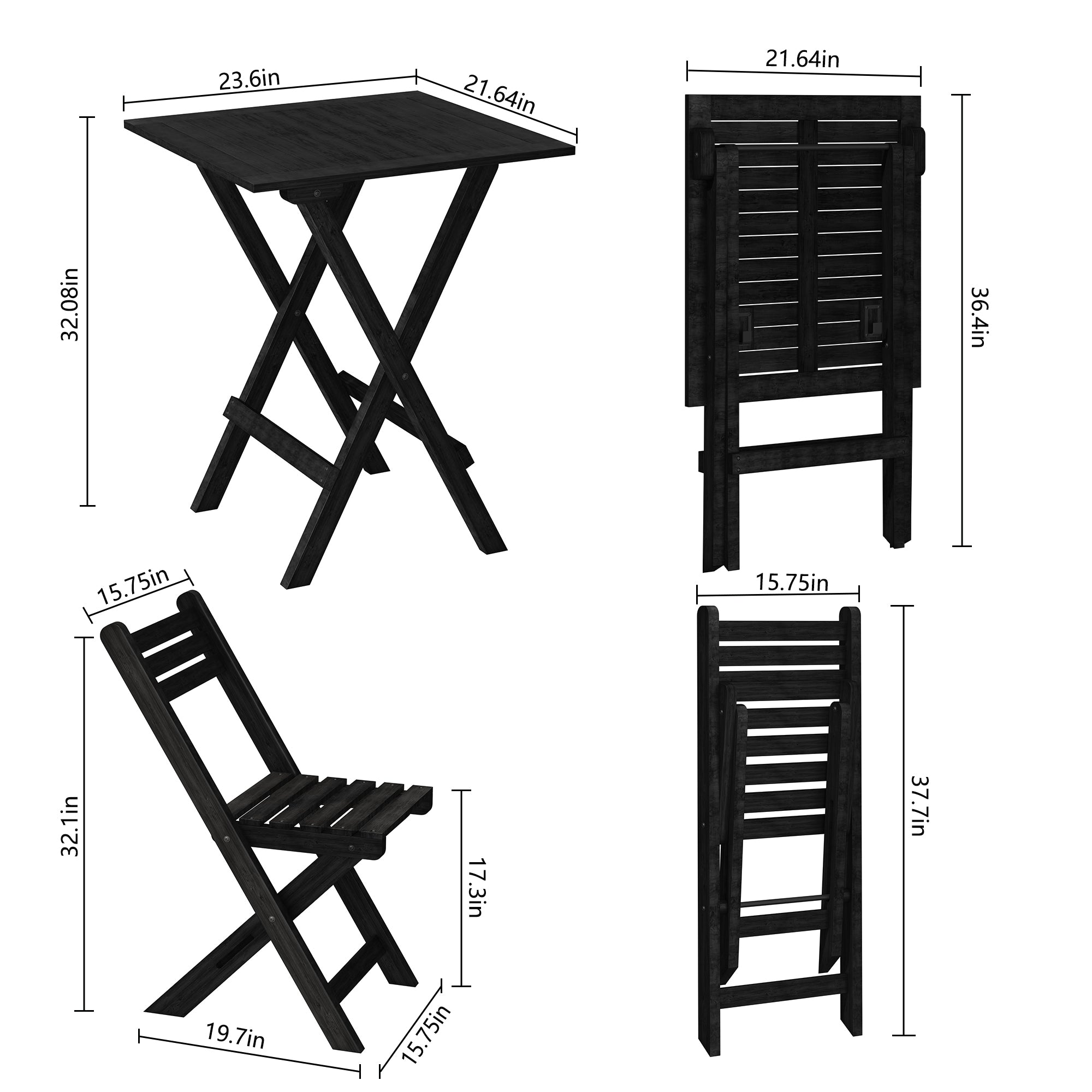 HLR 3-Piece Folding Bistro Table and Chairs Set, Outdoor Patio Solid Wood Furniture Sets with Table Outdoor Garden, Black