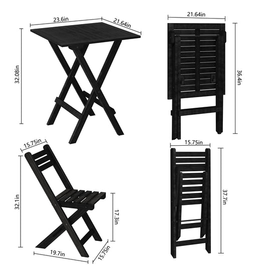 HLR 3-Piece Folding Bistro Table and Chairs Set, Outdoor Patio Solid Wood Furniture Sets with Table Outdoor Garden, Black