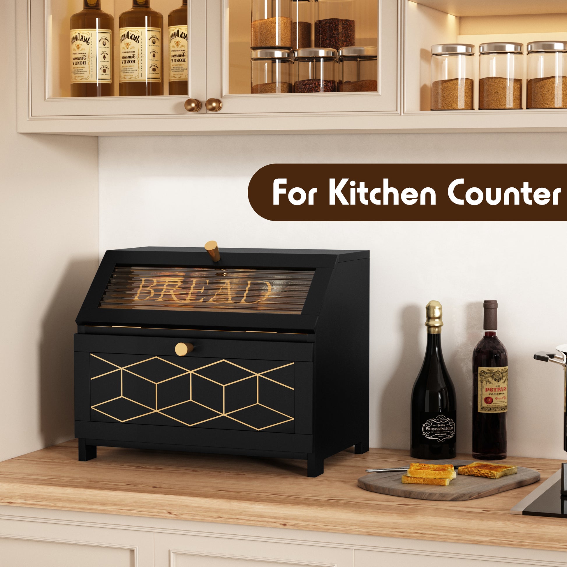 HLR Large Bread Box, Wood 2-layer Bread Box Storage for Kitchen Counter, with Bar Pattern Windows, Black
