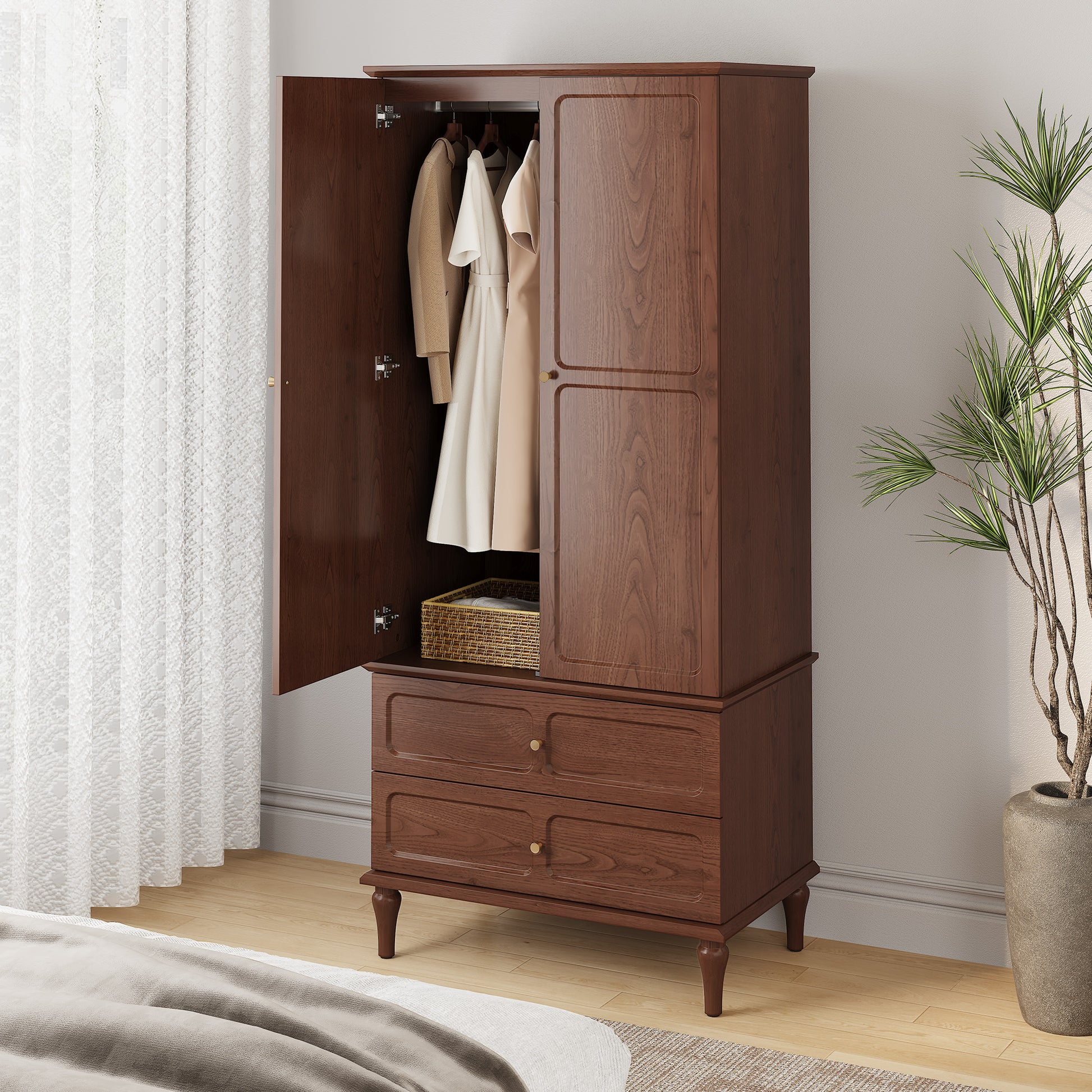 HLR 71" Tall Modern Wood Armoire Wardrobe Closet, Freestanding Cabinet with Hanging Rod for Bedroom, Brown