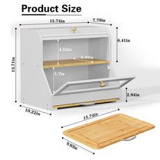 HLR Natural Bamboo Bread Box Kitchen Countertop with Cutting Board and Roll Top, White 2-Tier Large Wood Bread Bin