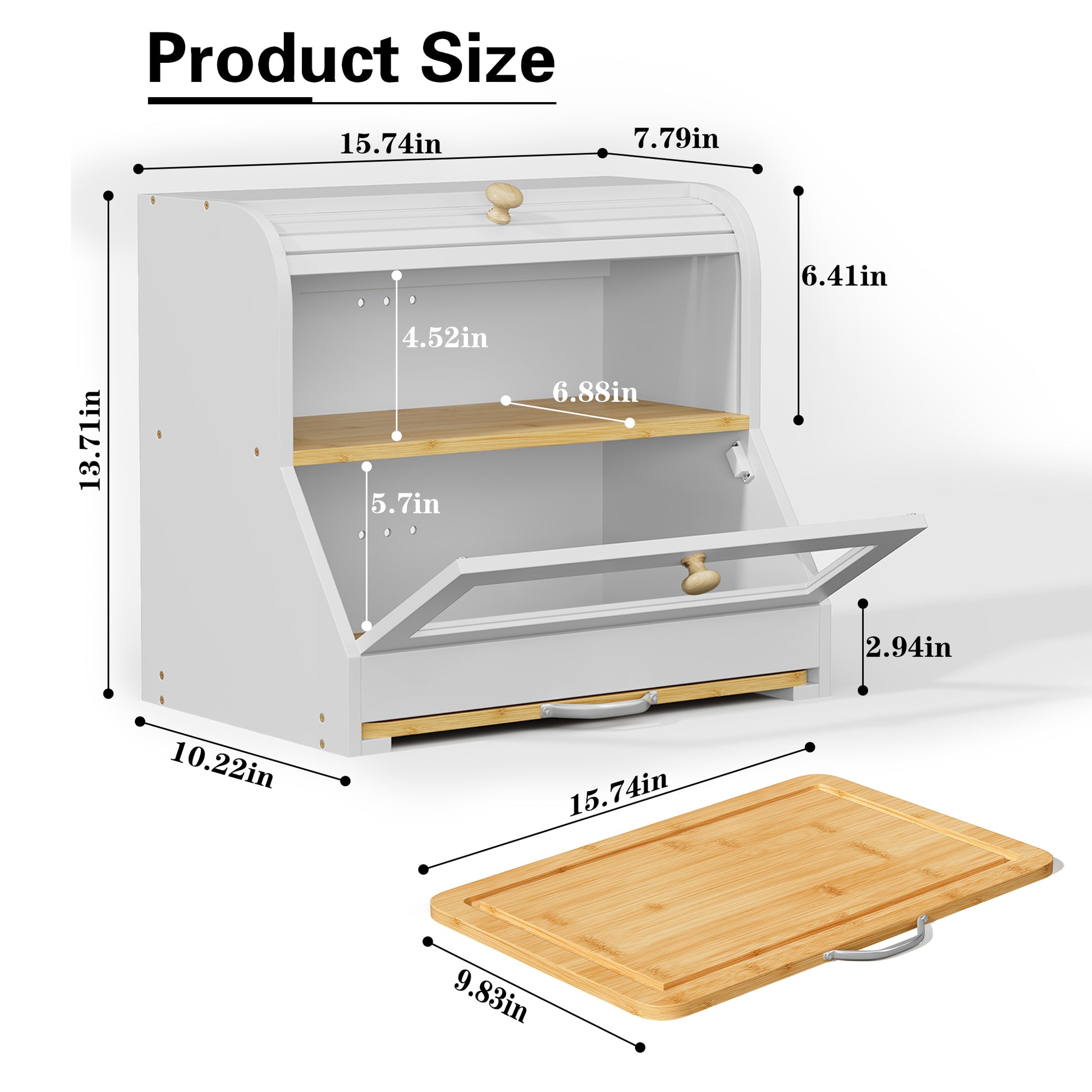HLR Natural Bamboo Bread Box Kitchen Countertop with Cutting Board and Roll Top, White 2-Tier Large Wood Bread Bin