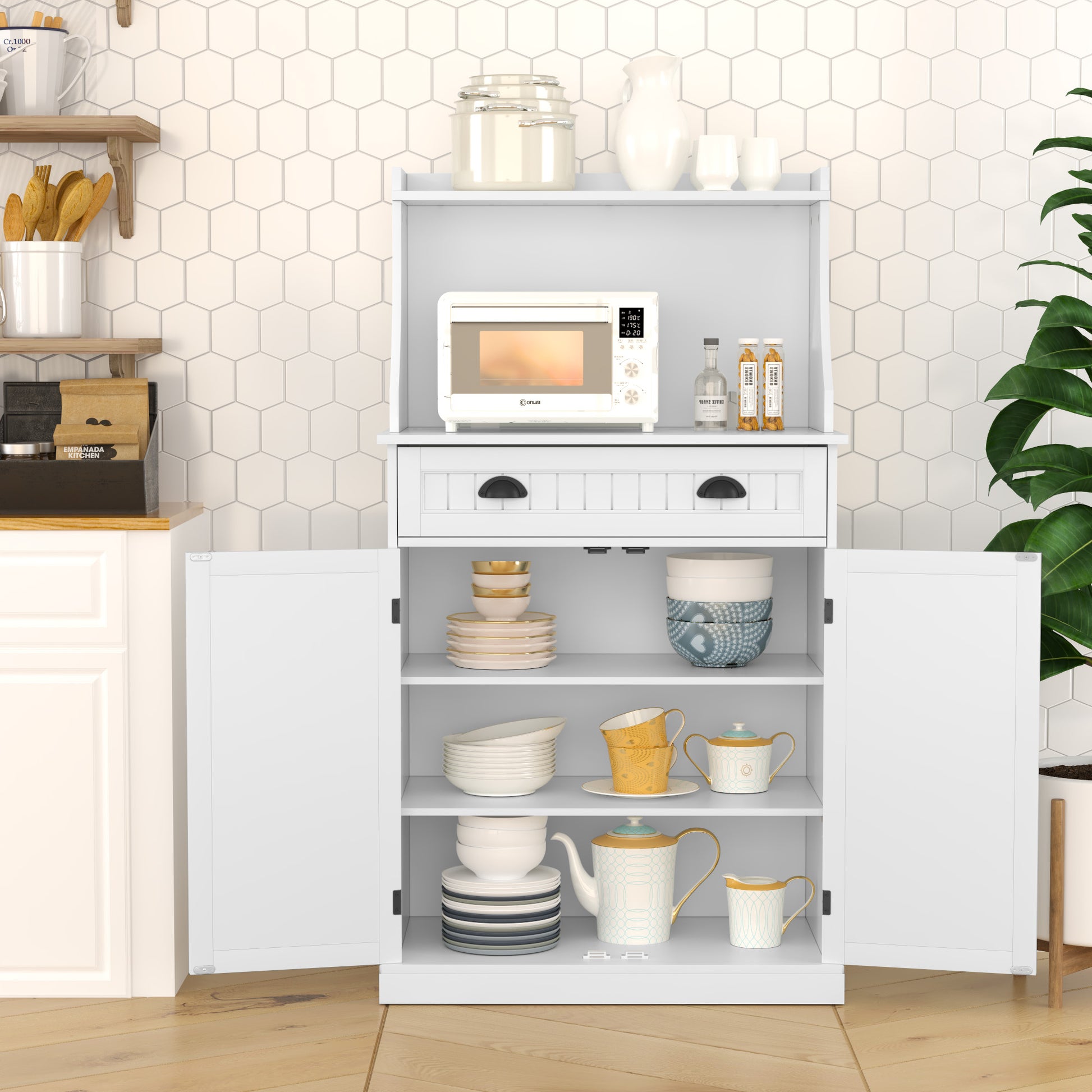HLR Farmhouse Kitchen Pantry Cabinet with Microwave Stand, 54" Coffee Bar Storage Cabinet, White