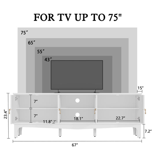 CBJCBJ Retro 67" TV Stand for TVs up to 70", Living Room Entertainment Center with 4 Door Storage Cabinet,White