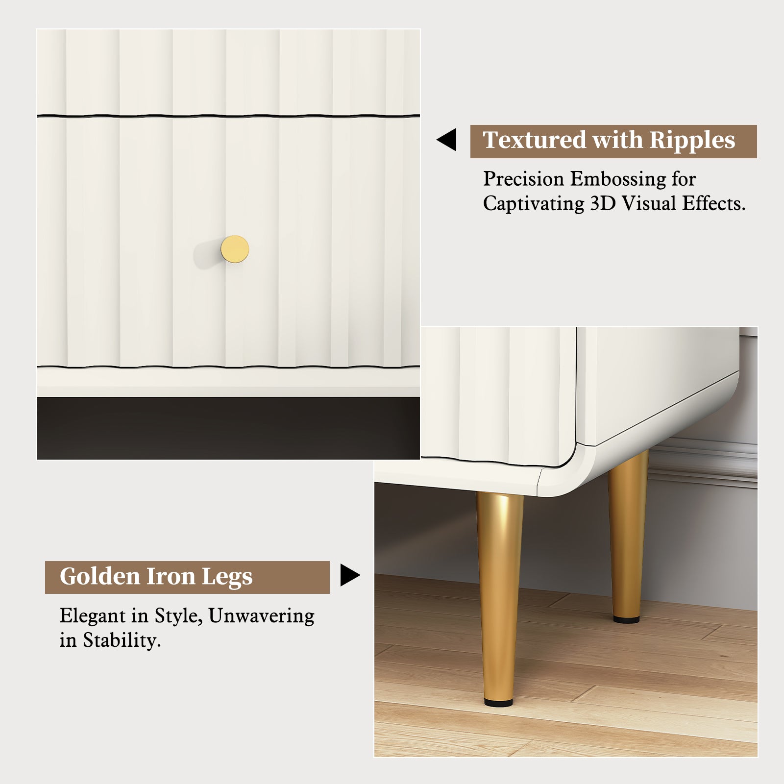 HLR 20" Modern Fluted White Nightstand Set of 2, Wood Bedside Table with 2 Drawers & Gold Metal Handles