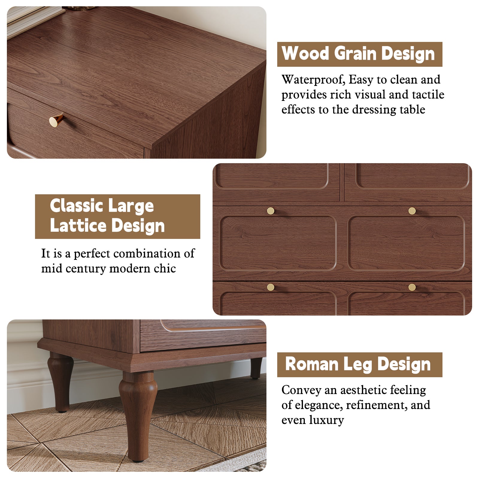 CBJCBJ 31.5" 5 Drawers Dressers, Large Floor Mid-Century Chest of Drawers for Bedroom, Hallway, Brown