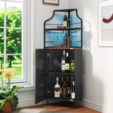 HLR Corner Coffee Bar Cabinet with LED Strip, 4-Tiers Modern Tall Liquor Cabinet with Wine Rack for Dining Room