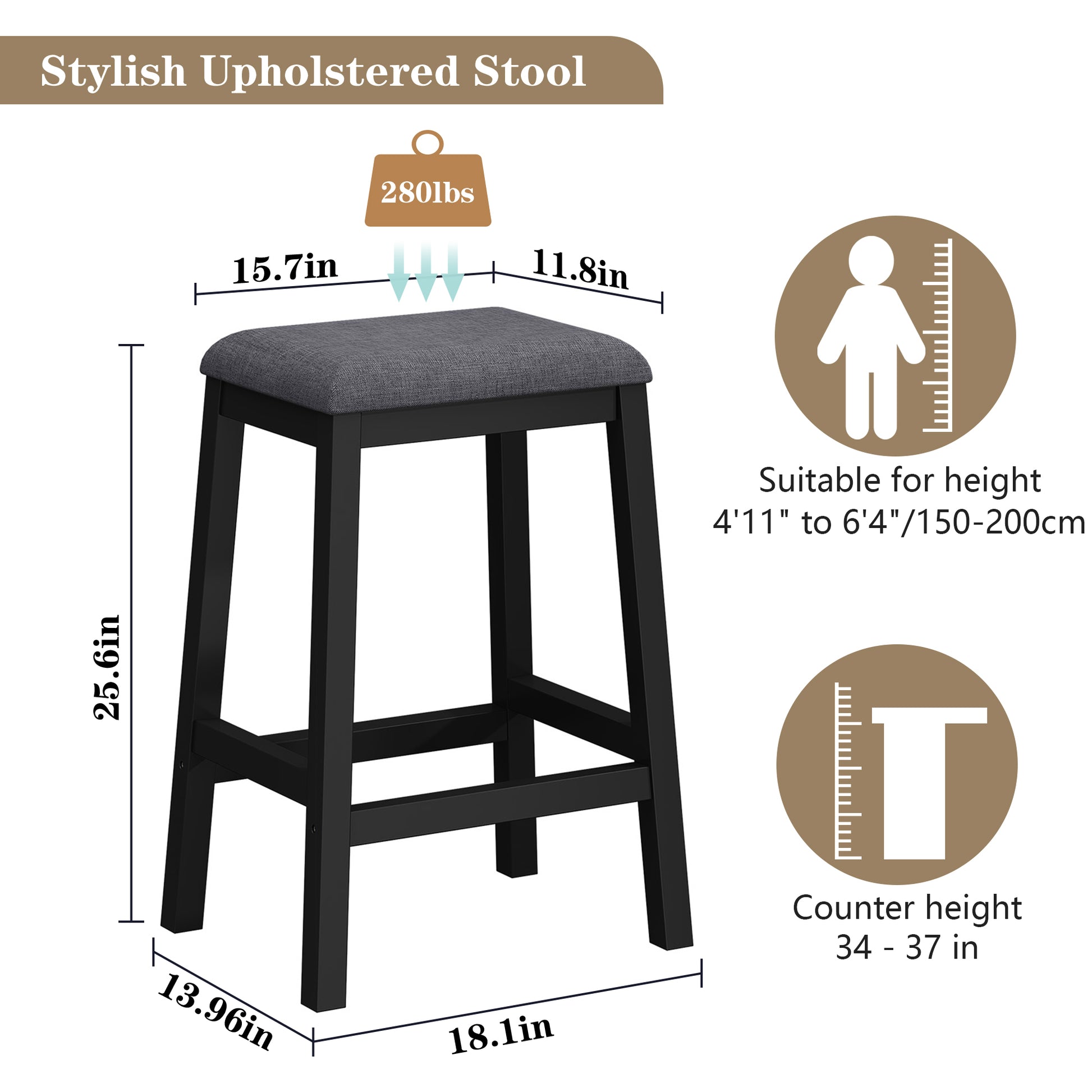 HLR 24.8" Bar Stools, Farmhouse Set of 2 Bar Chairs with Cushion for Kitchen, Dining Room, Cafe Black