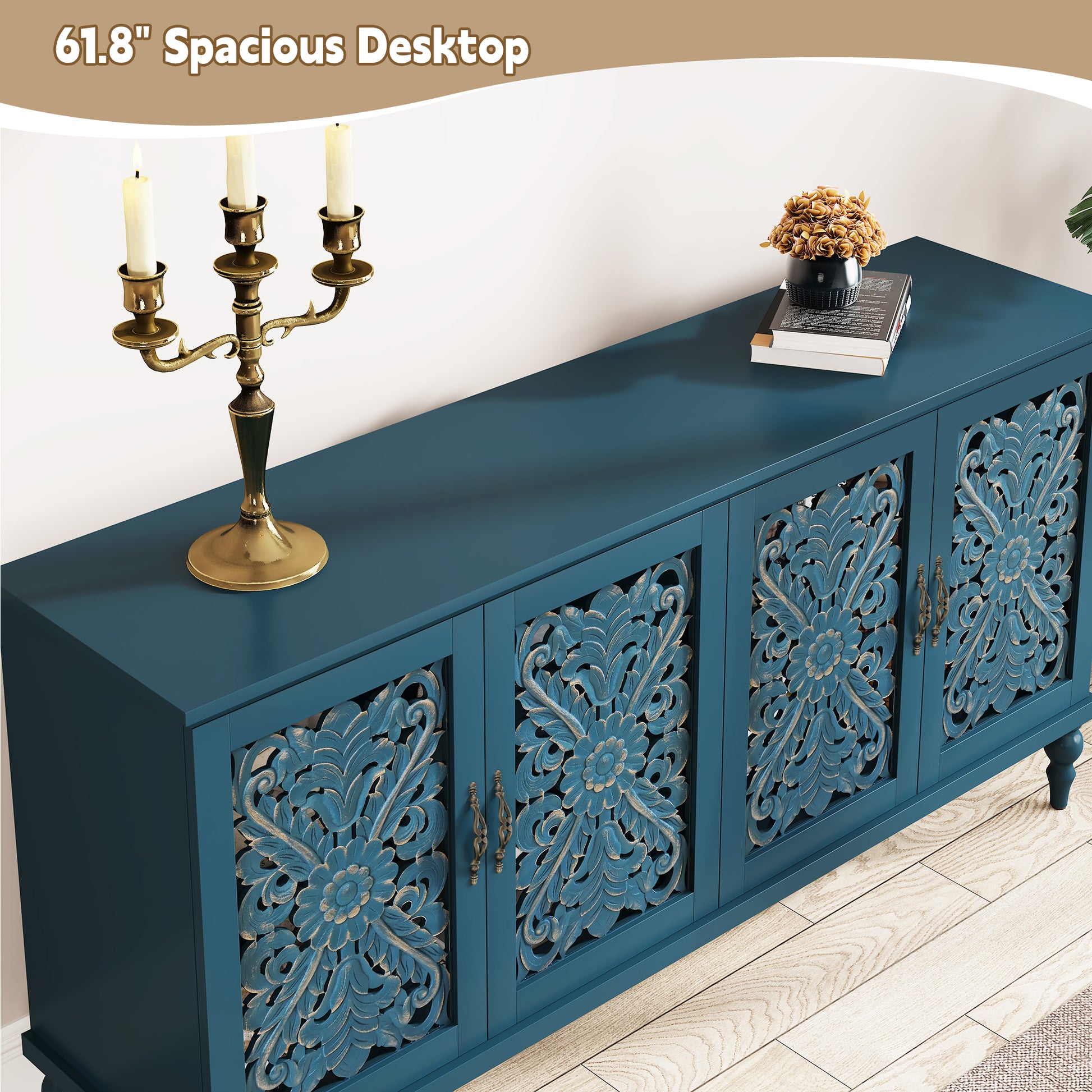 CBJCBJ 63" Mid Century Retro Sideboard Buffet Cabinet 4 Door, Accent Cabinet for Dining Room, Blue