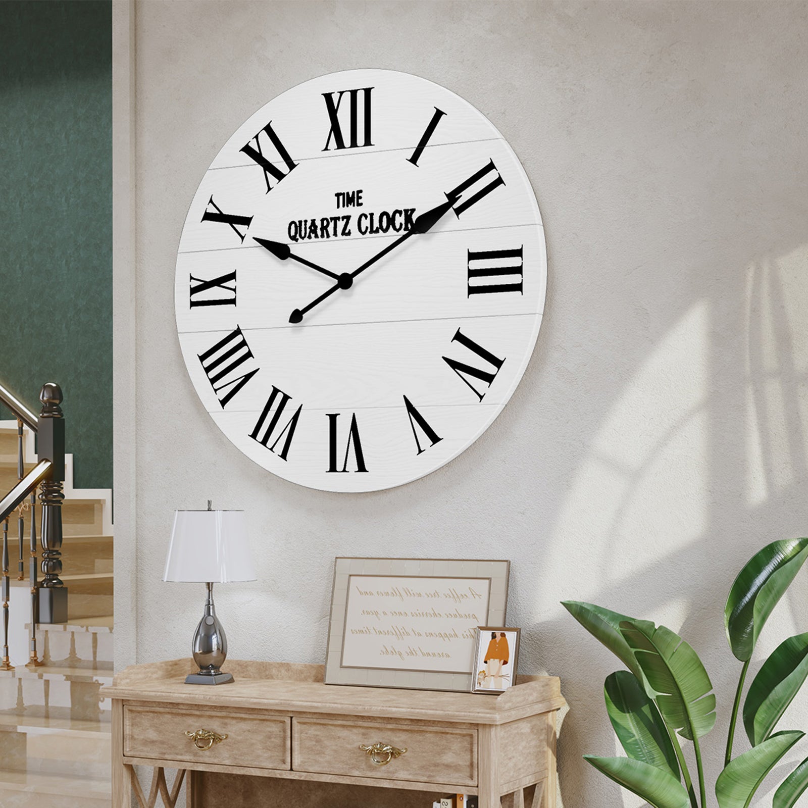 HLR 35.5” Farmhouse Large Shiplap Round Wall Clock with Roman Numeral for Living Room Decor, White