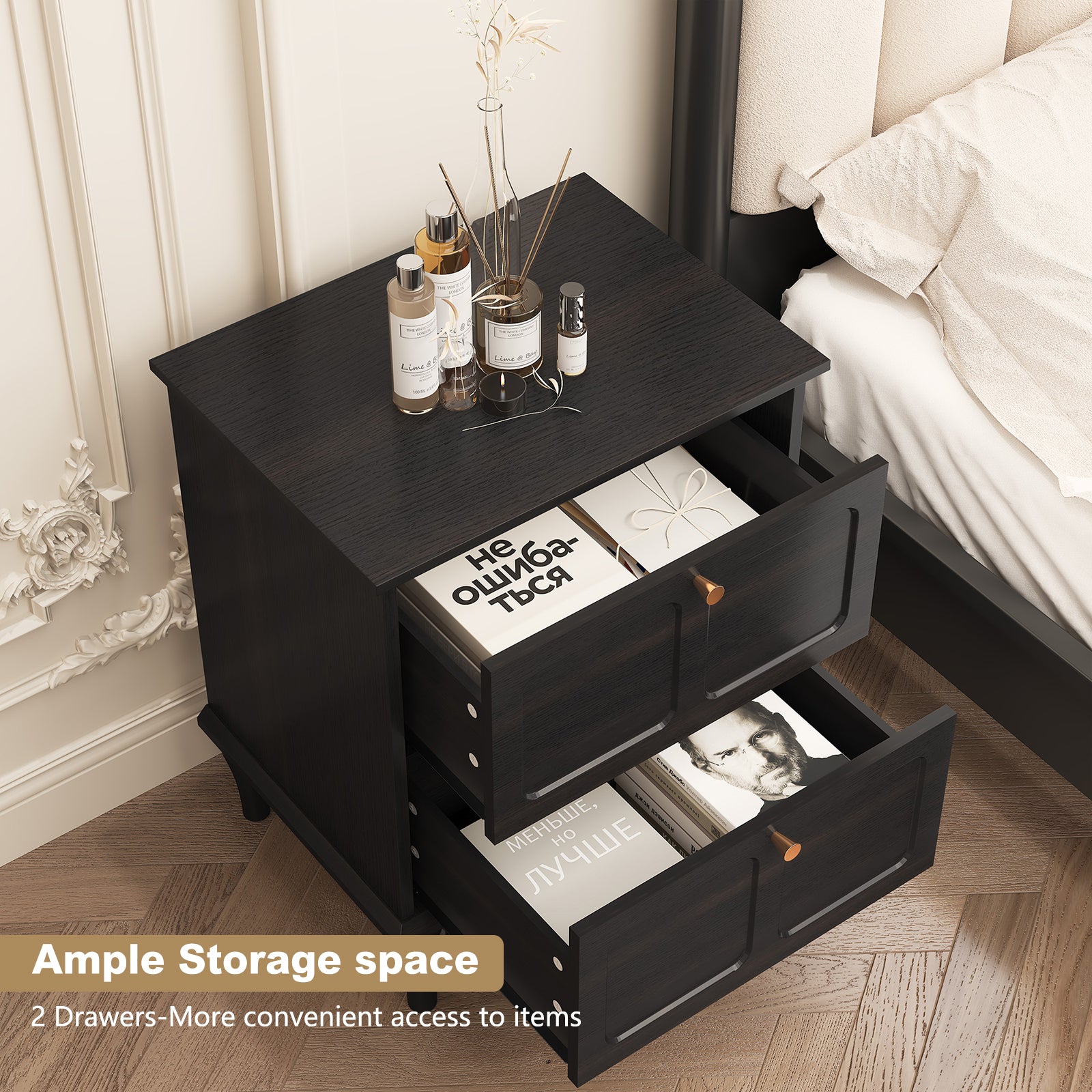 CBJCBJ21" Mid-Century Nightstands Set of Two, Featuring Two Storage Drawers with Metal Handles, Black