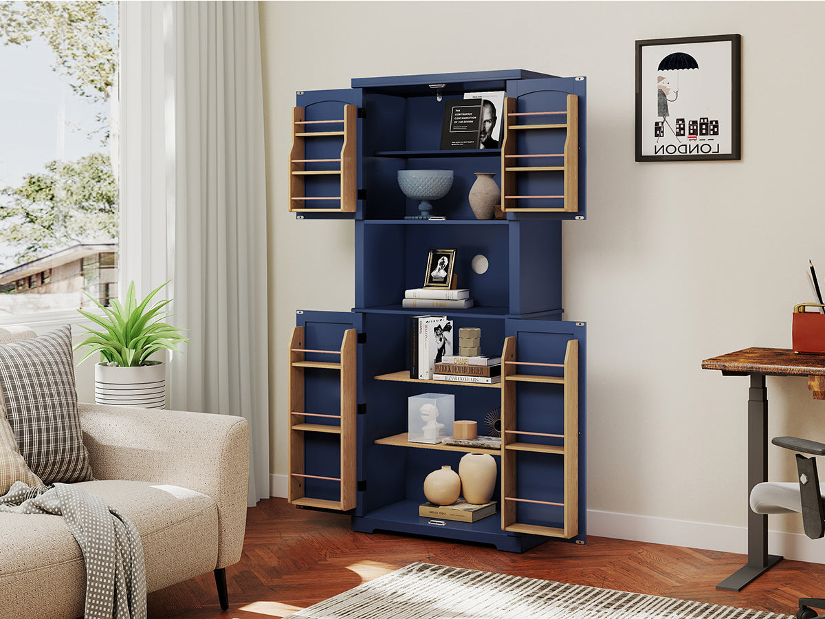 CBJCBJ 72" Tall 6-Layer Modern Kitchen Pantry Cabinet with Open Storage and Adjustable Shelves,Blue