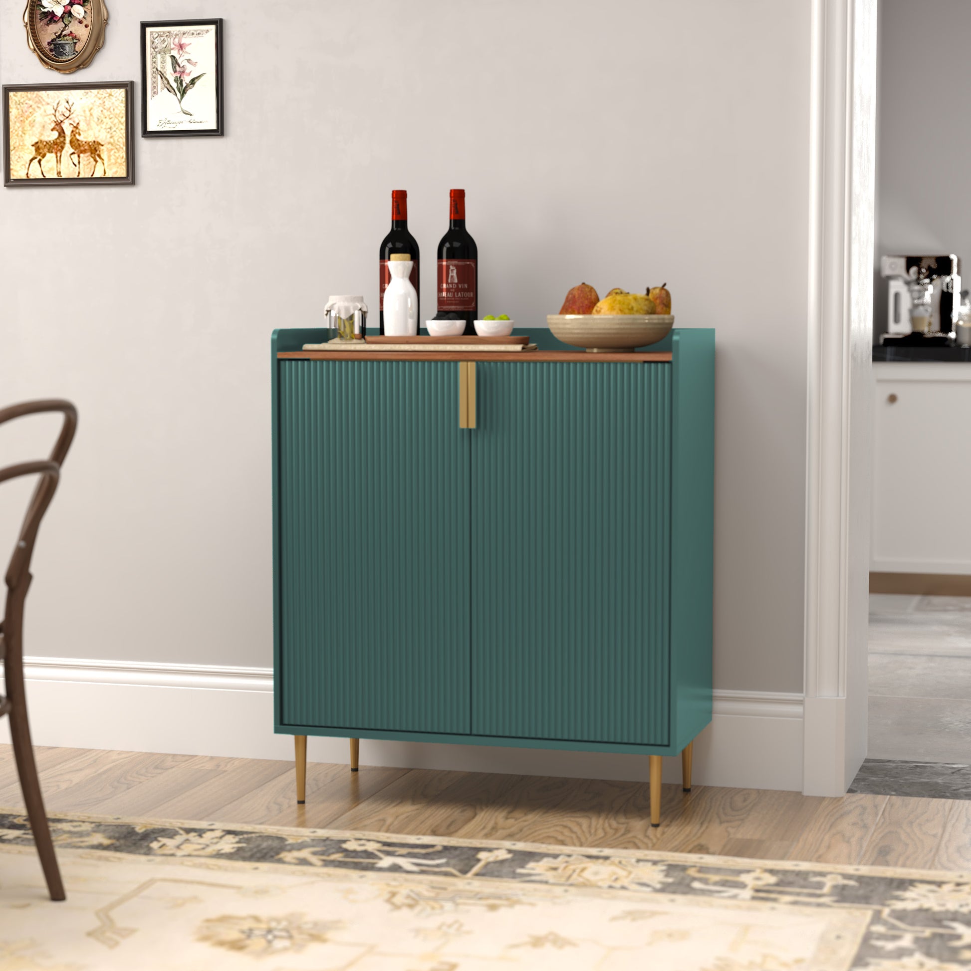 HLR 32"W Wine Bar Cabinet with 2 Door Fluted Texture, Modern Coffee Cabinet with Rack&Glass Holder, Green.